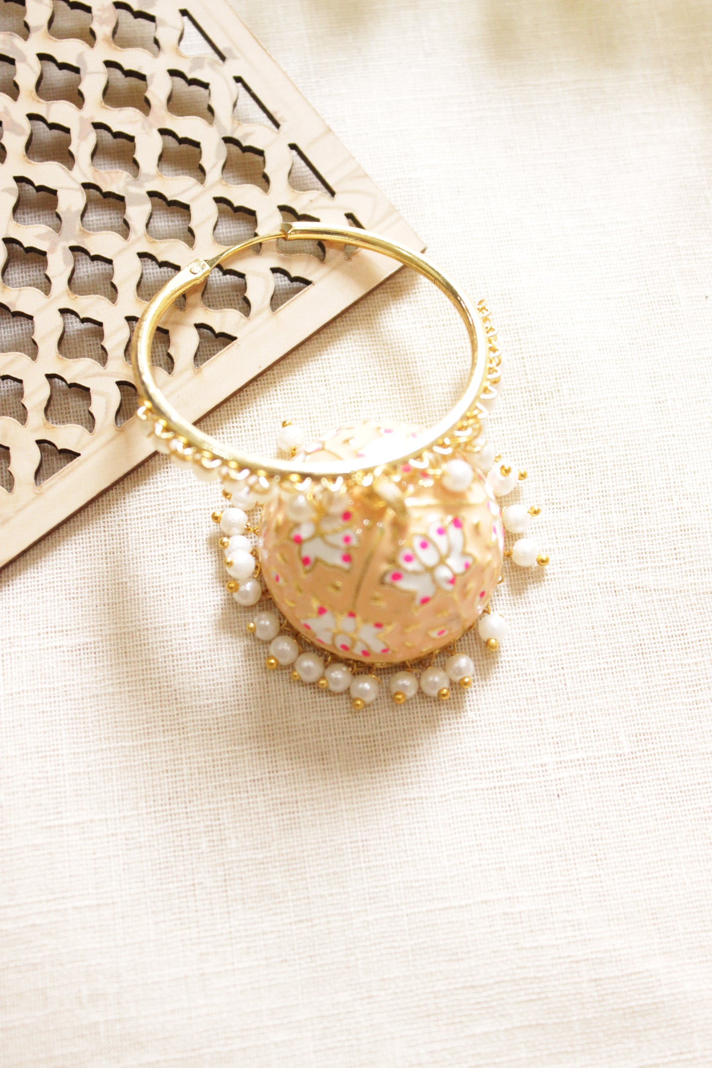 Flower Motifs Hand Painted Meenakari Work Peach Jhumka Earrings