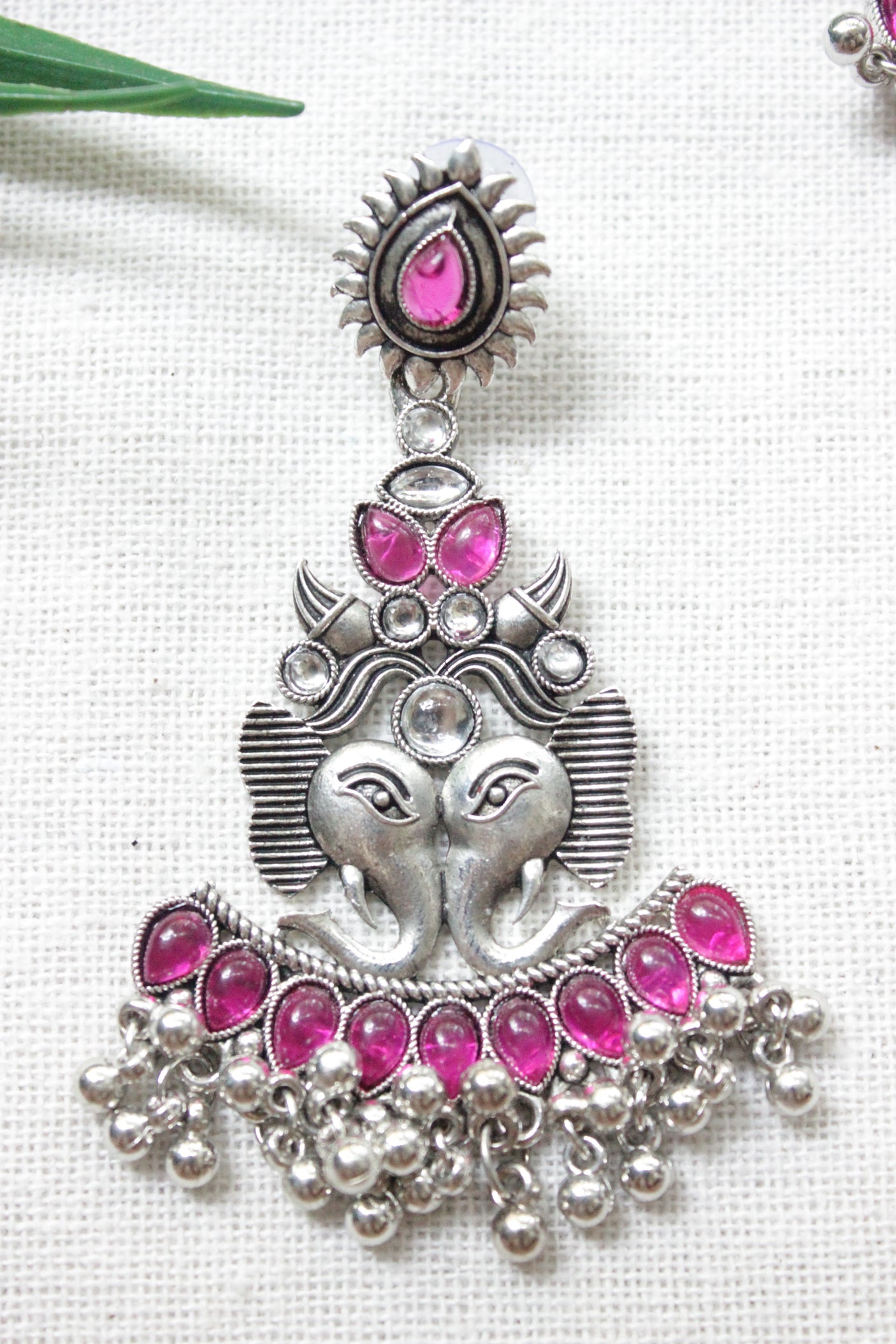 Elephant Motif Pink Stones Embedded Oxidised Finish Earrings