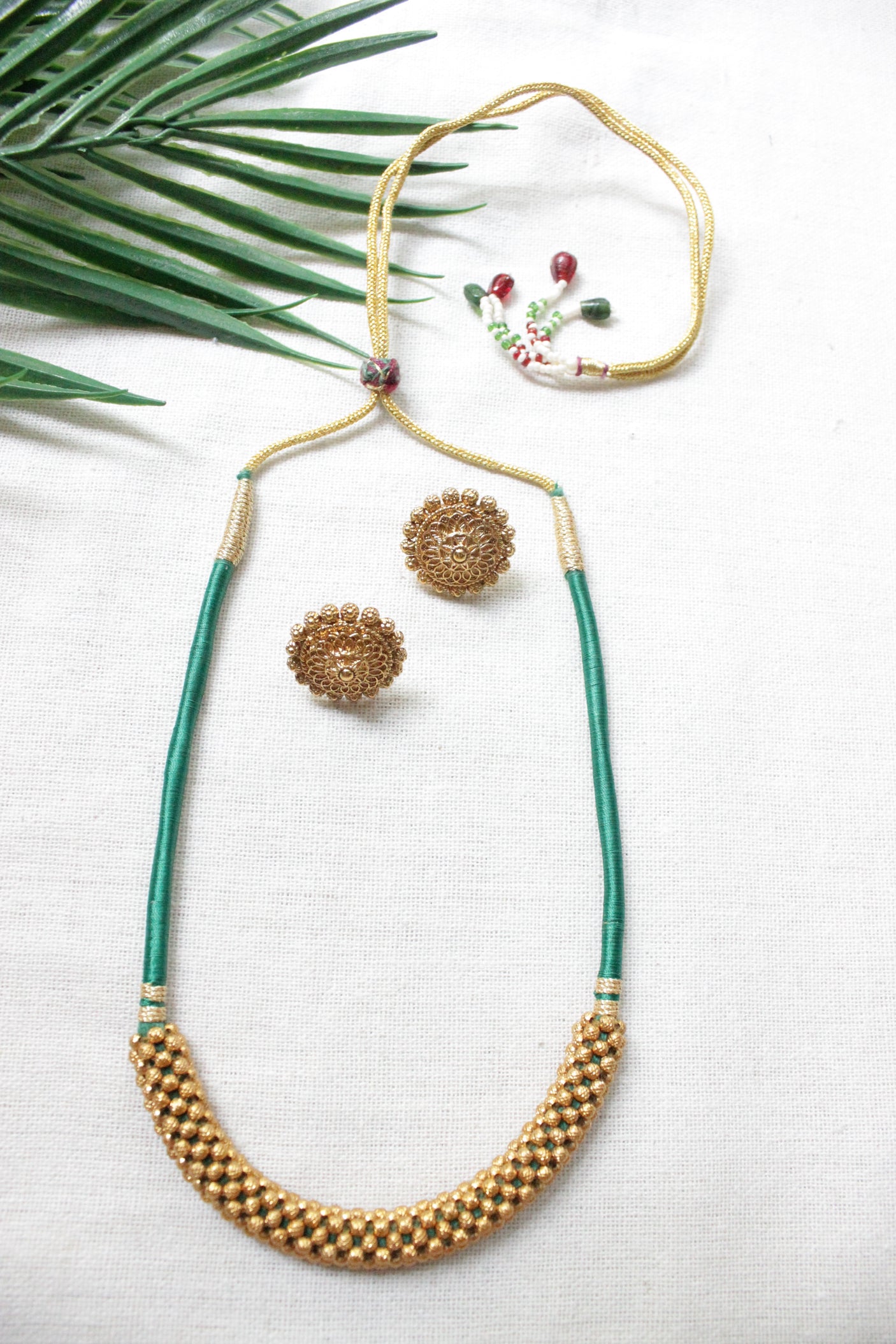 Handmade Green Fabric Threads and Gold Plated Metal Accents Adjustable Length Necklace Set