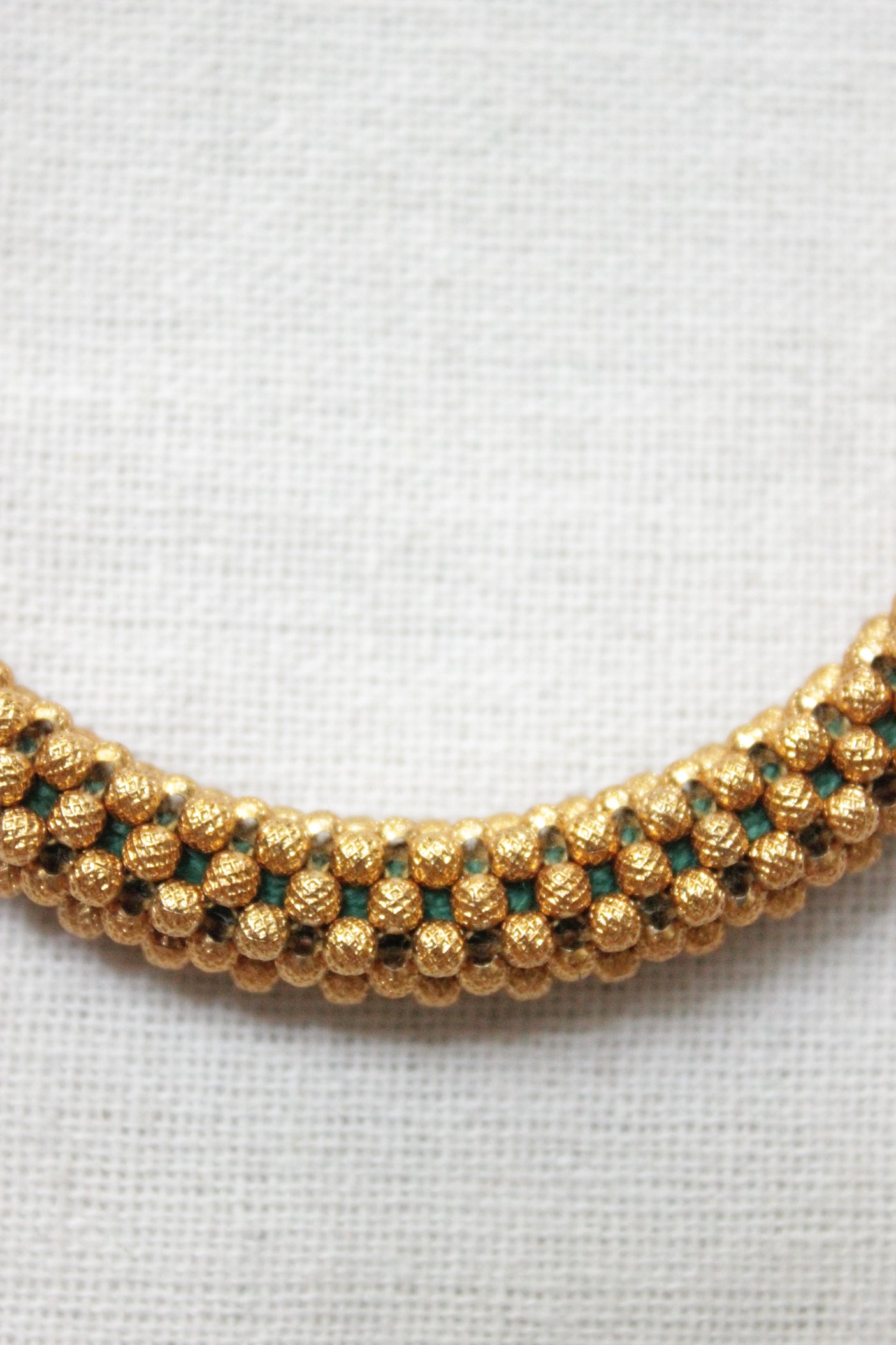 Handmade Green Fabric Threads and Gold Plated Metal Accents Adjustable Length Necklace Set