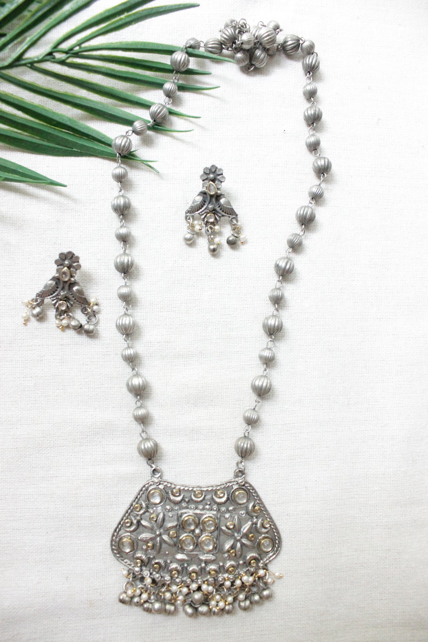 Dual Tone Oxidised Finish Rhinestones Embedded Long Necklace Set
