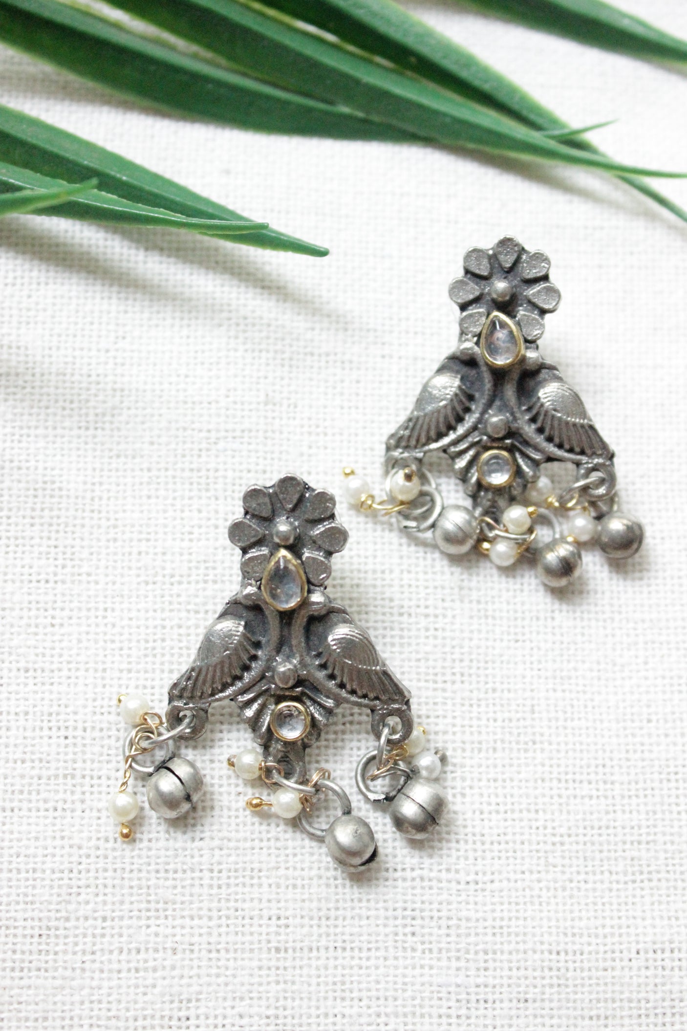 Dual Tone Oxidised Finish Rhinestones Embedded Long Necklace Set