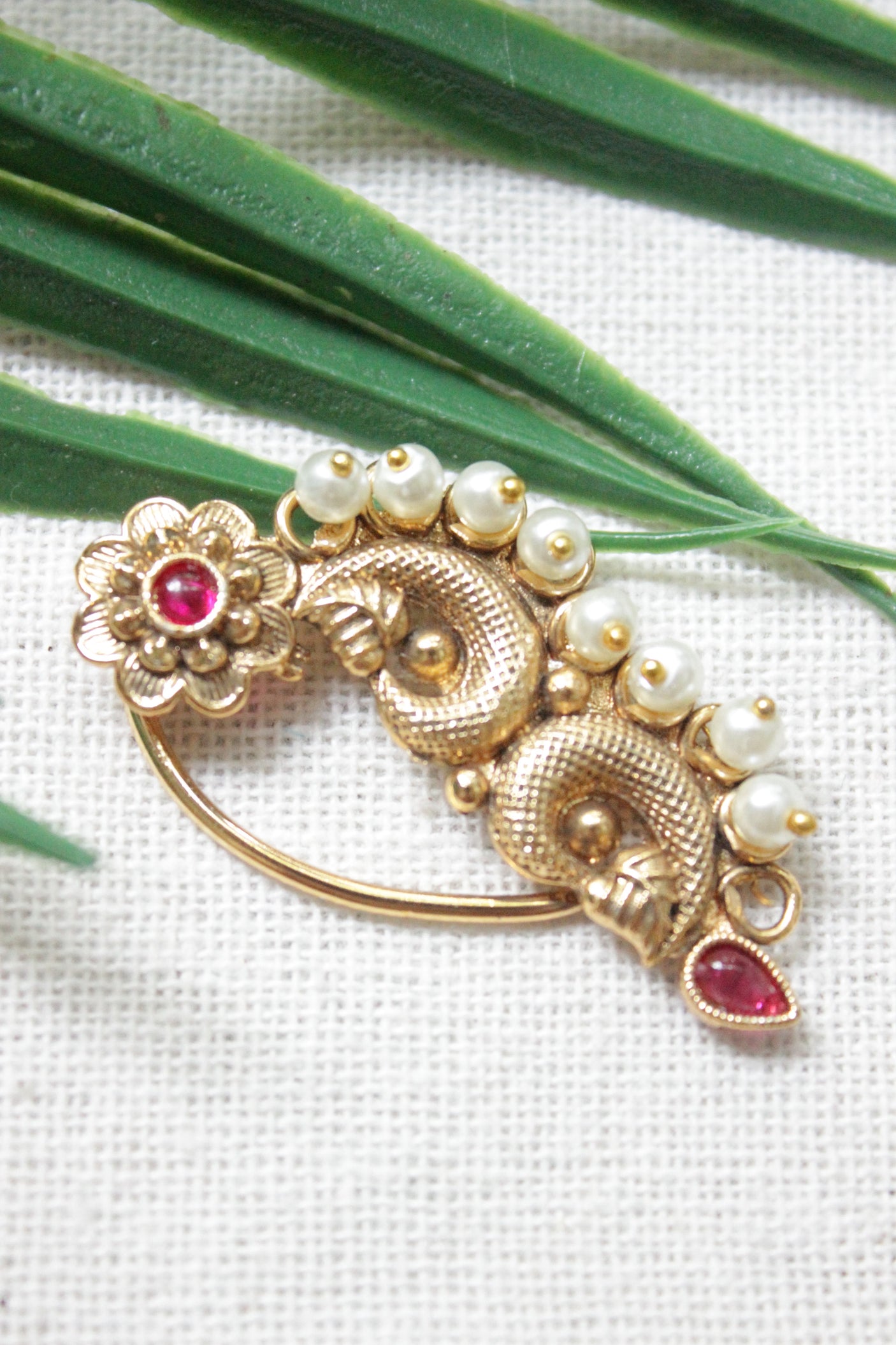 Gold Plated Ruby Red Stones Embedded Maharashtrian Nath