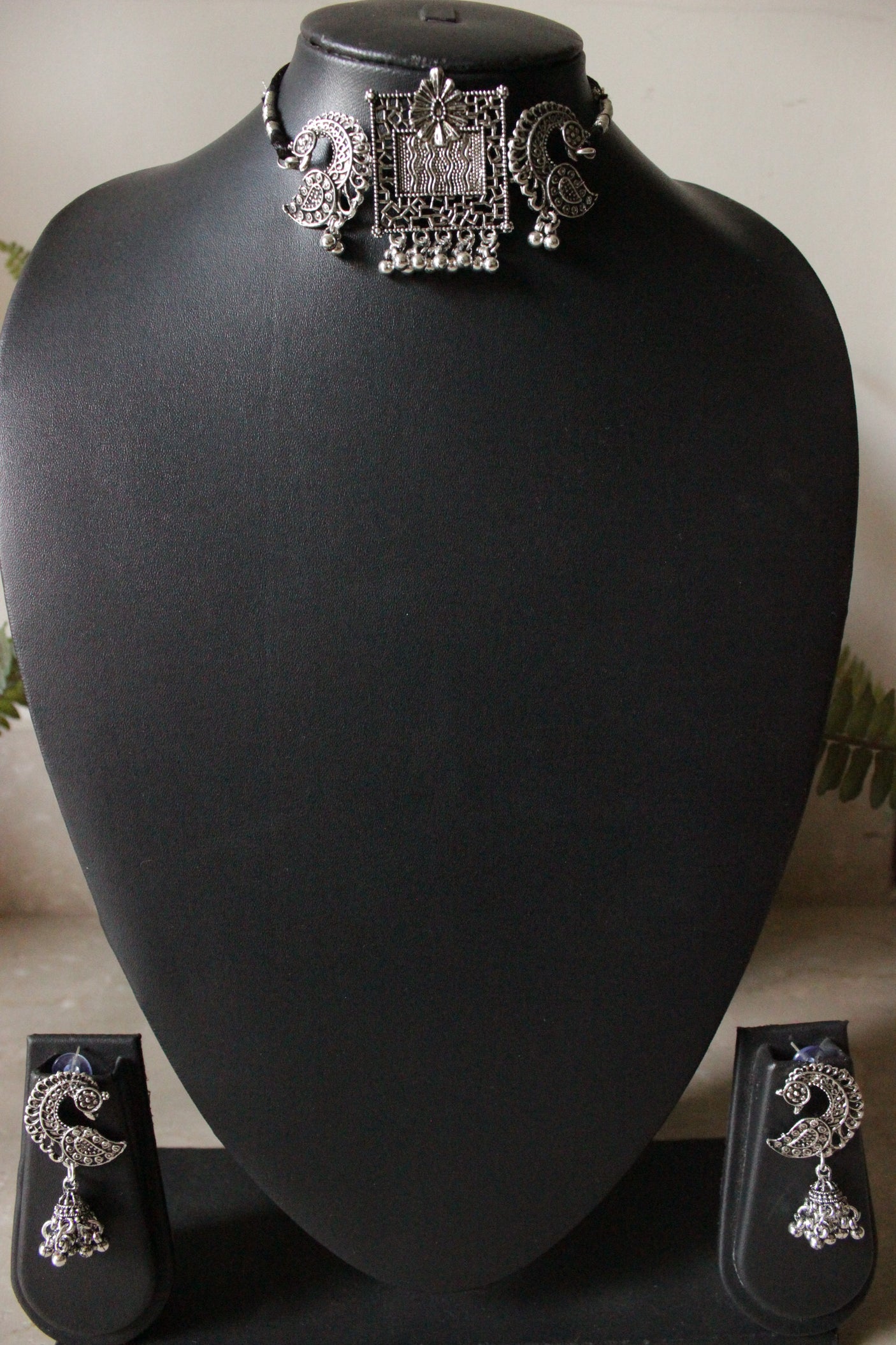 Oxidised Finish Peacock Motif Choker Necklace Set