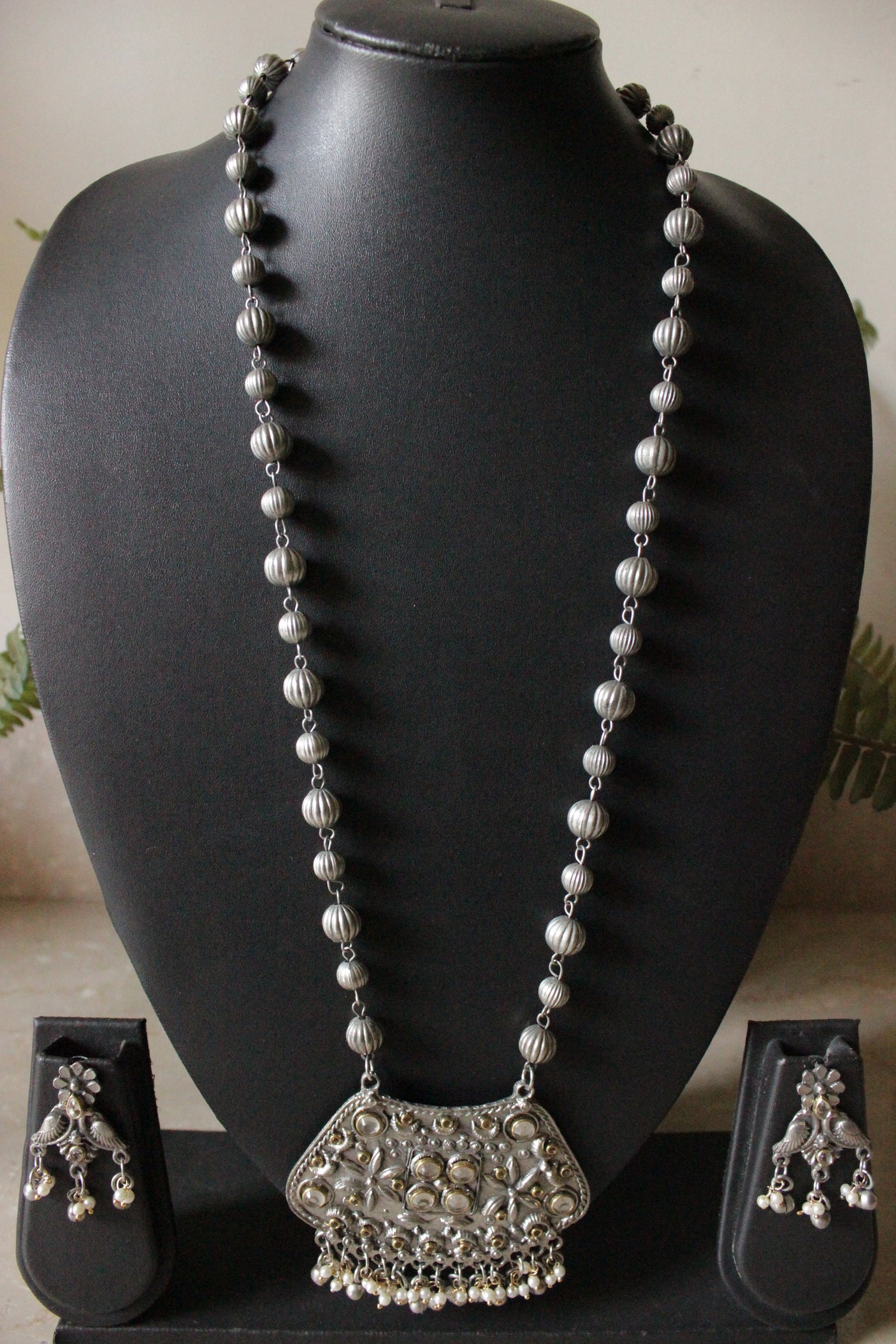 Dual Tone Oxidised Finish Rhinestones Embedded Long Necklace Set