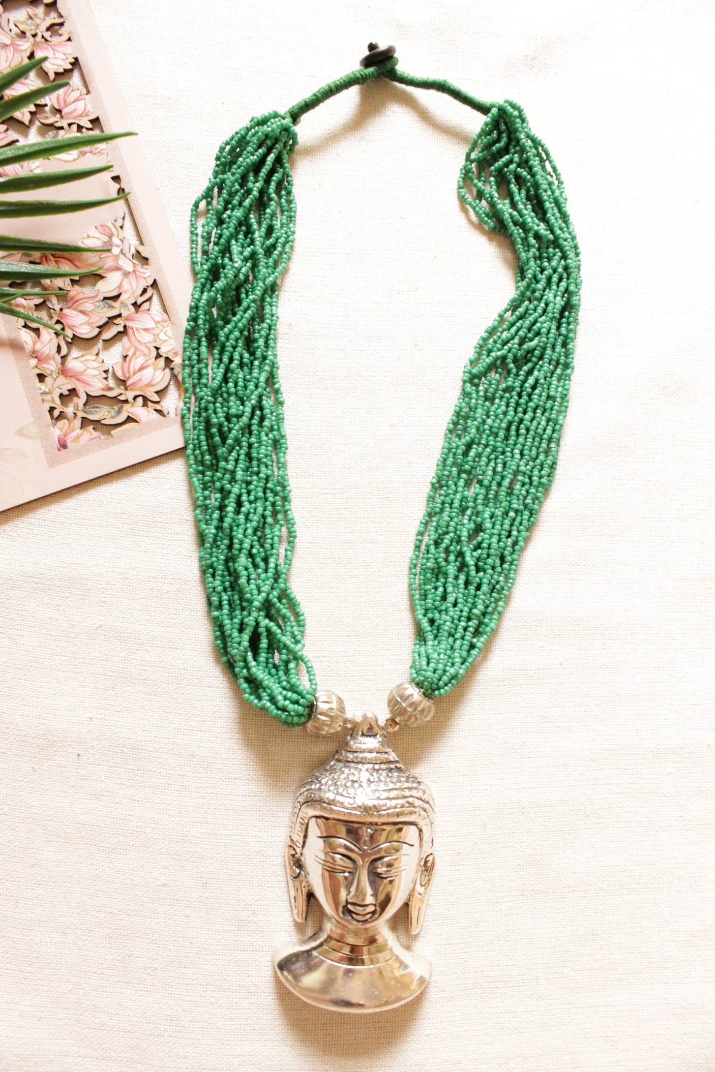 Sea Green Beads Handcrafted Long Buddha Pendant Necklace