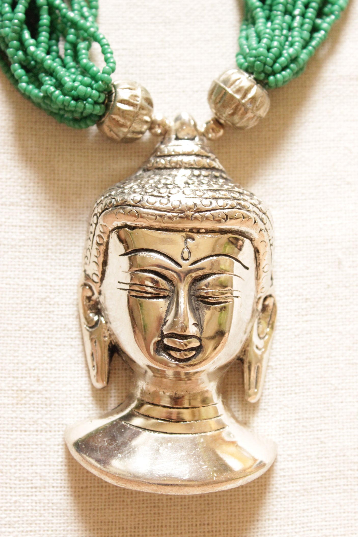 Sea Green Beads Handcrafted Long Buddha Pendant Necklace