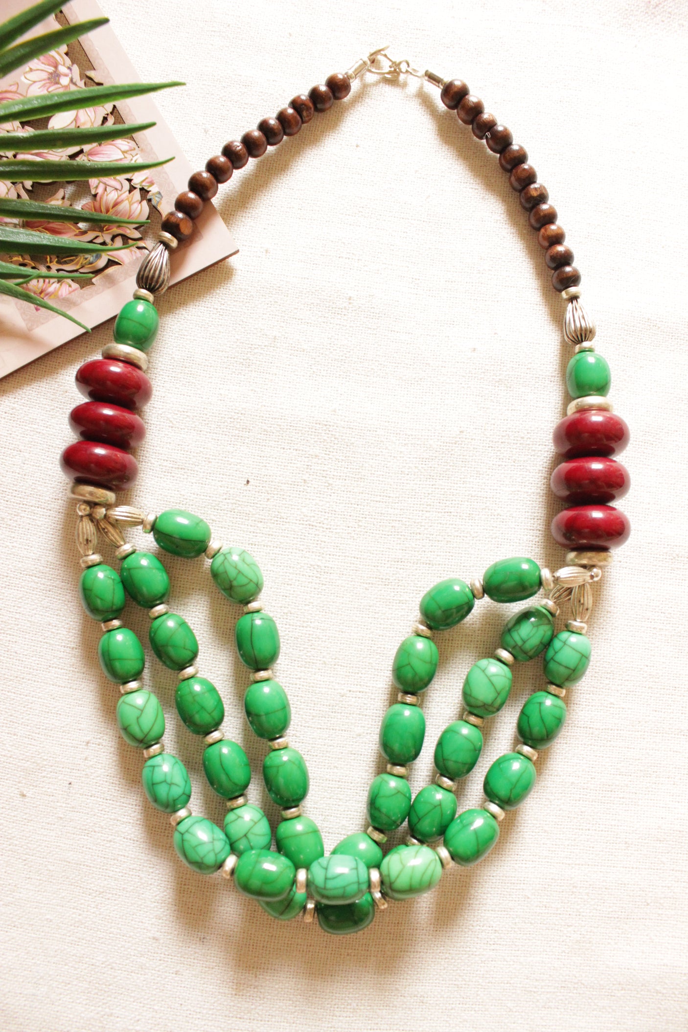Green and Maroon Brass and Resin Beads Necklace