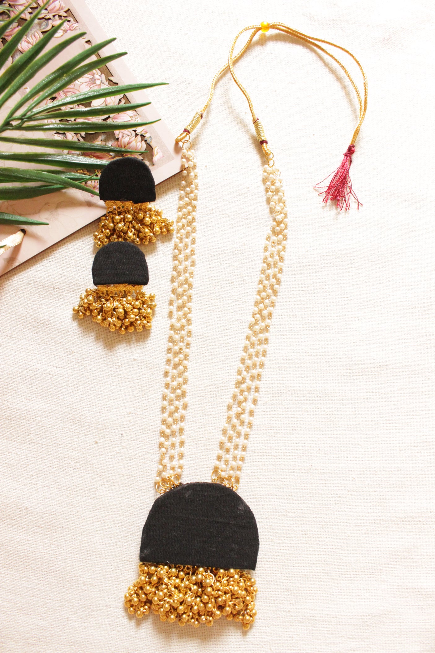 Fabric Pendant White & Golden Beads Dori Closure Long Necklace Set