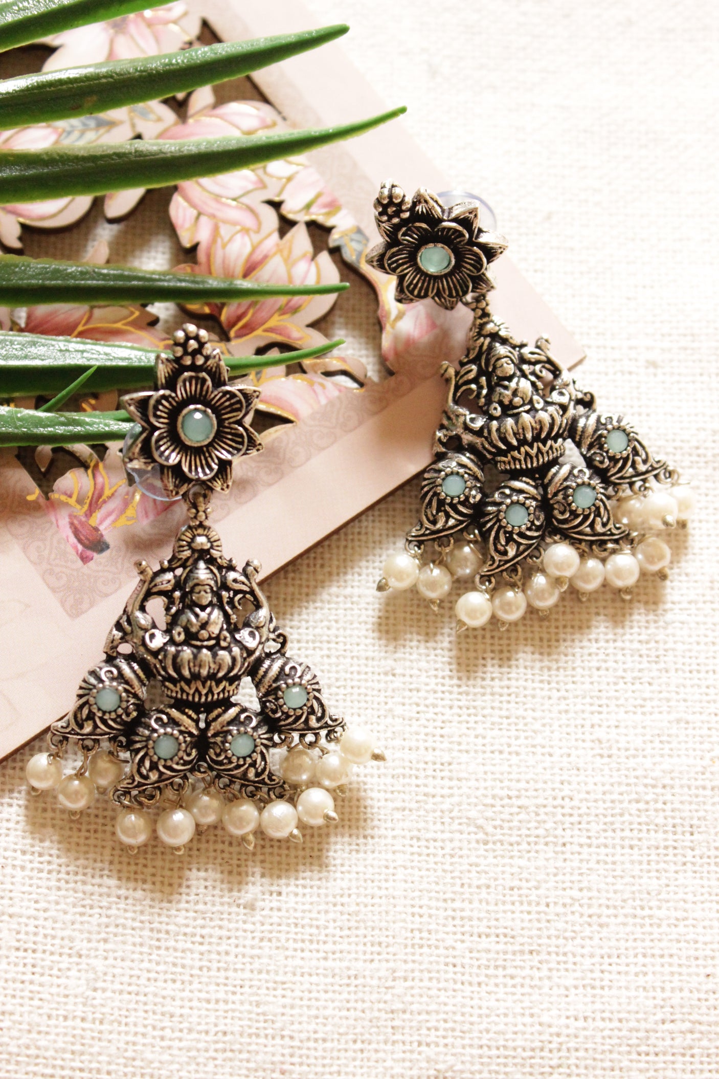 Oxidised Finish Premium Turquoise Stones Embedded Religious Motif Long Brass Necklace Set