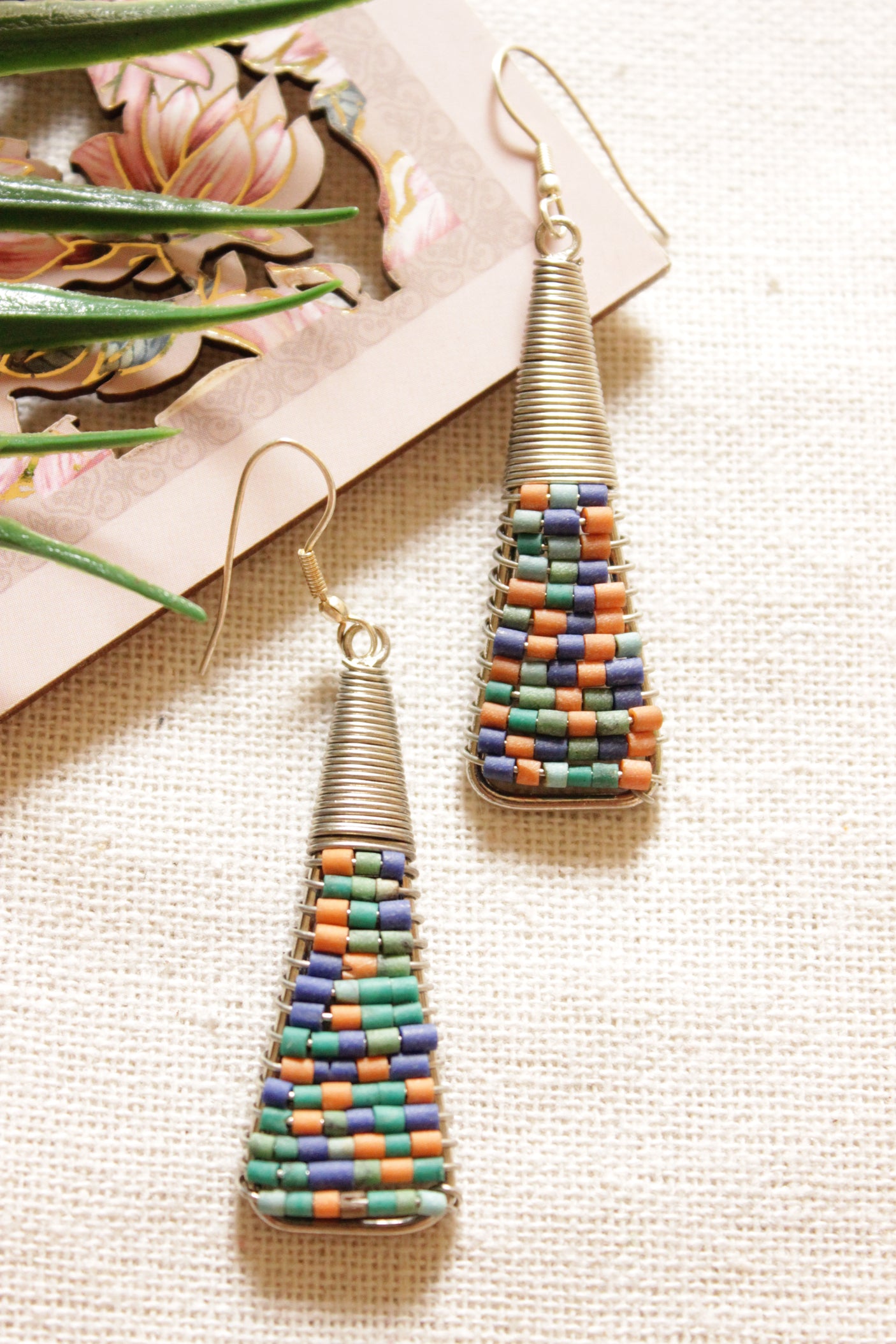 Multi-Color Pastel Beads Metal Spiral Earrings
