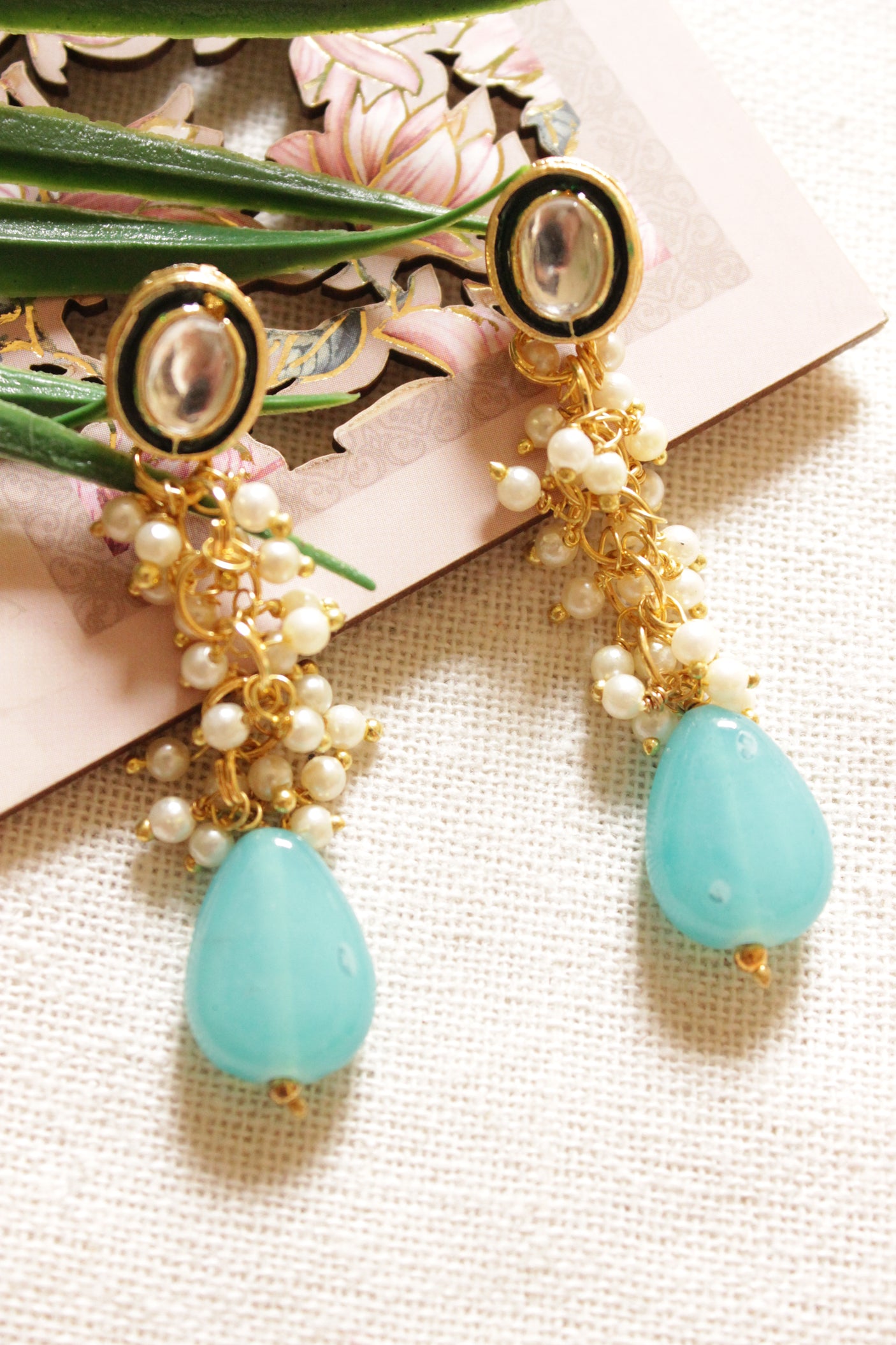 Gold Toned Turquoise Natural Stone Earrings Accentuated with White Beads