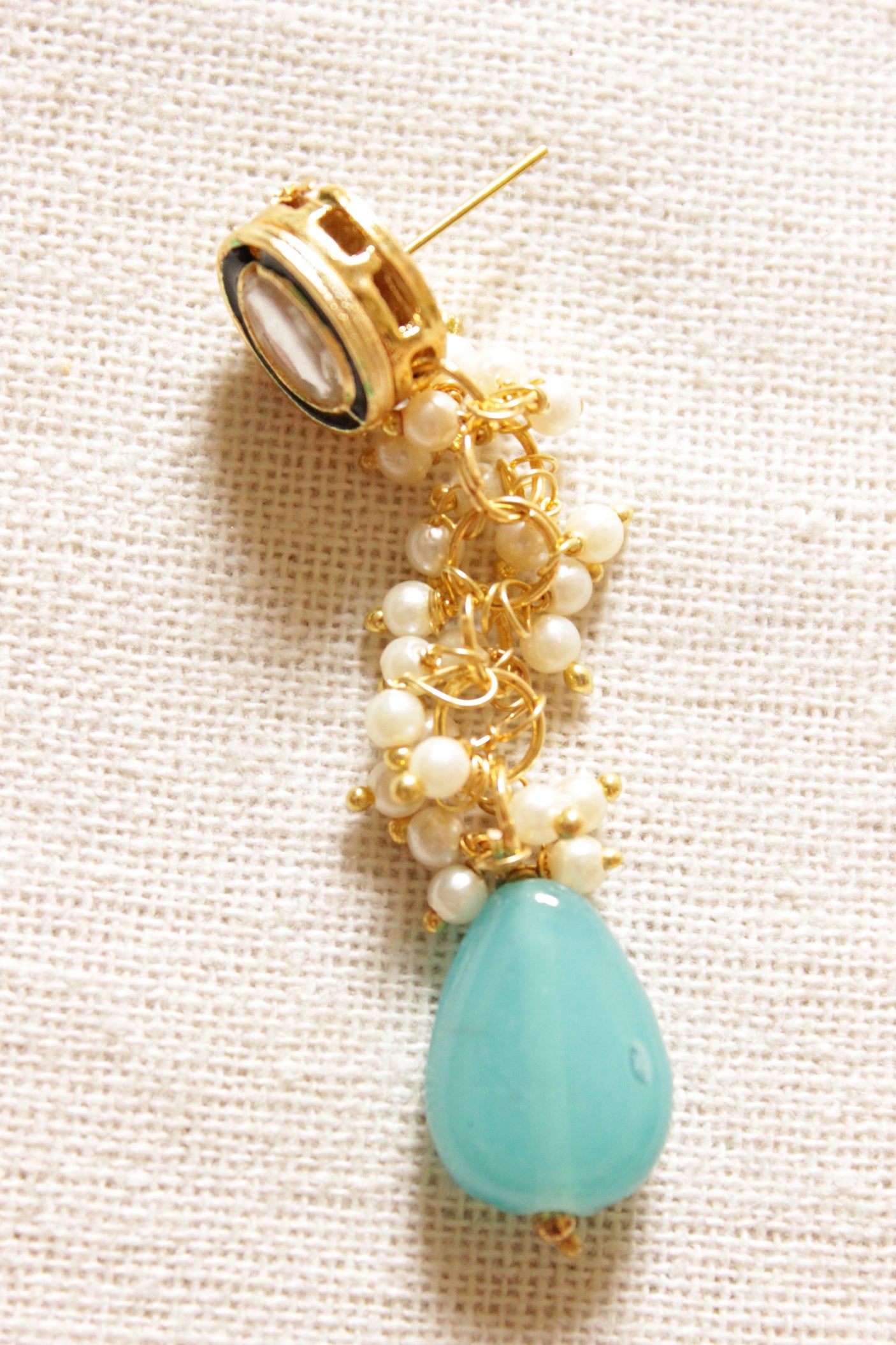 Gold Toned Turquoise Natural Stone Earrings Accentuated with White Beads