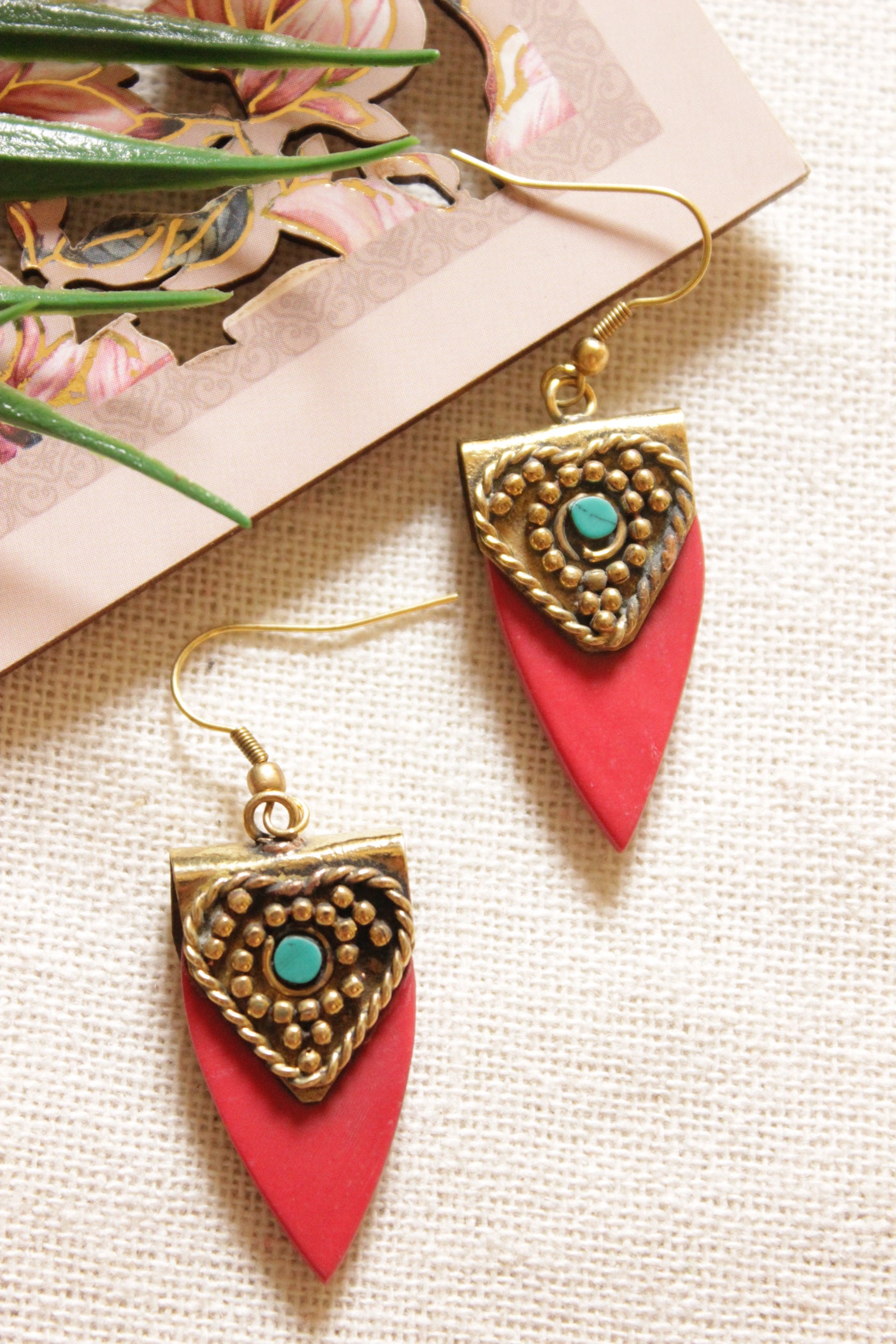 Red & Antique Gold Finish Tribal Earrings