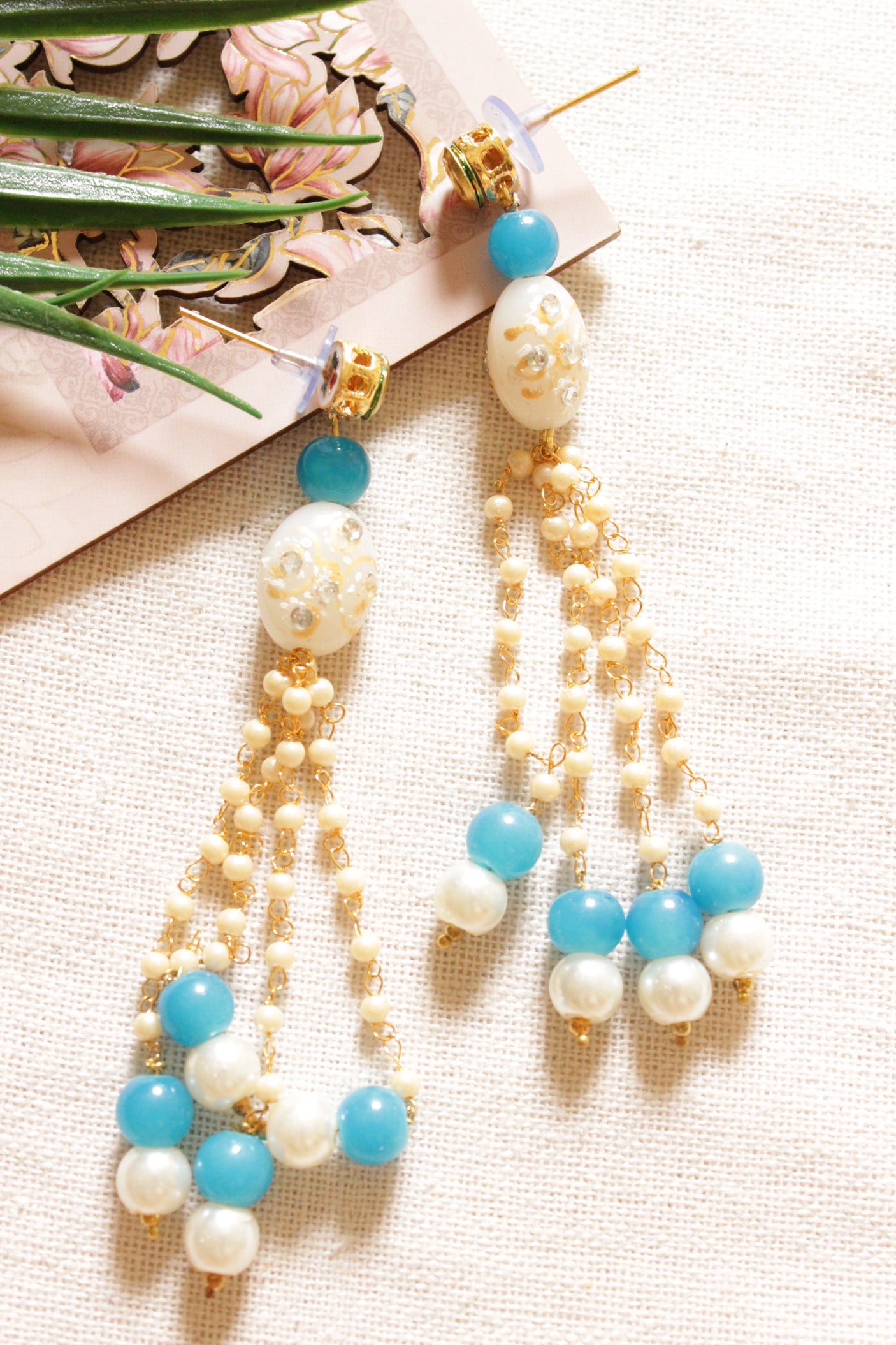 White & Sky Blue Acrylic Chain Strings Long Statement Earrings