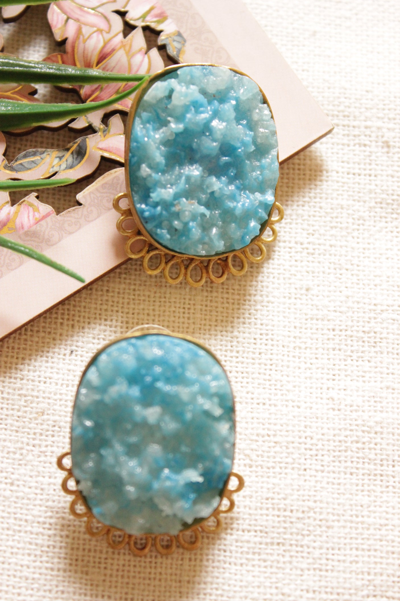 Sky Blue Sugar Druzy Natural Gemstone Embedded Gold Toned Stud Earrings