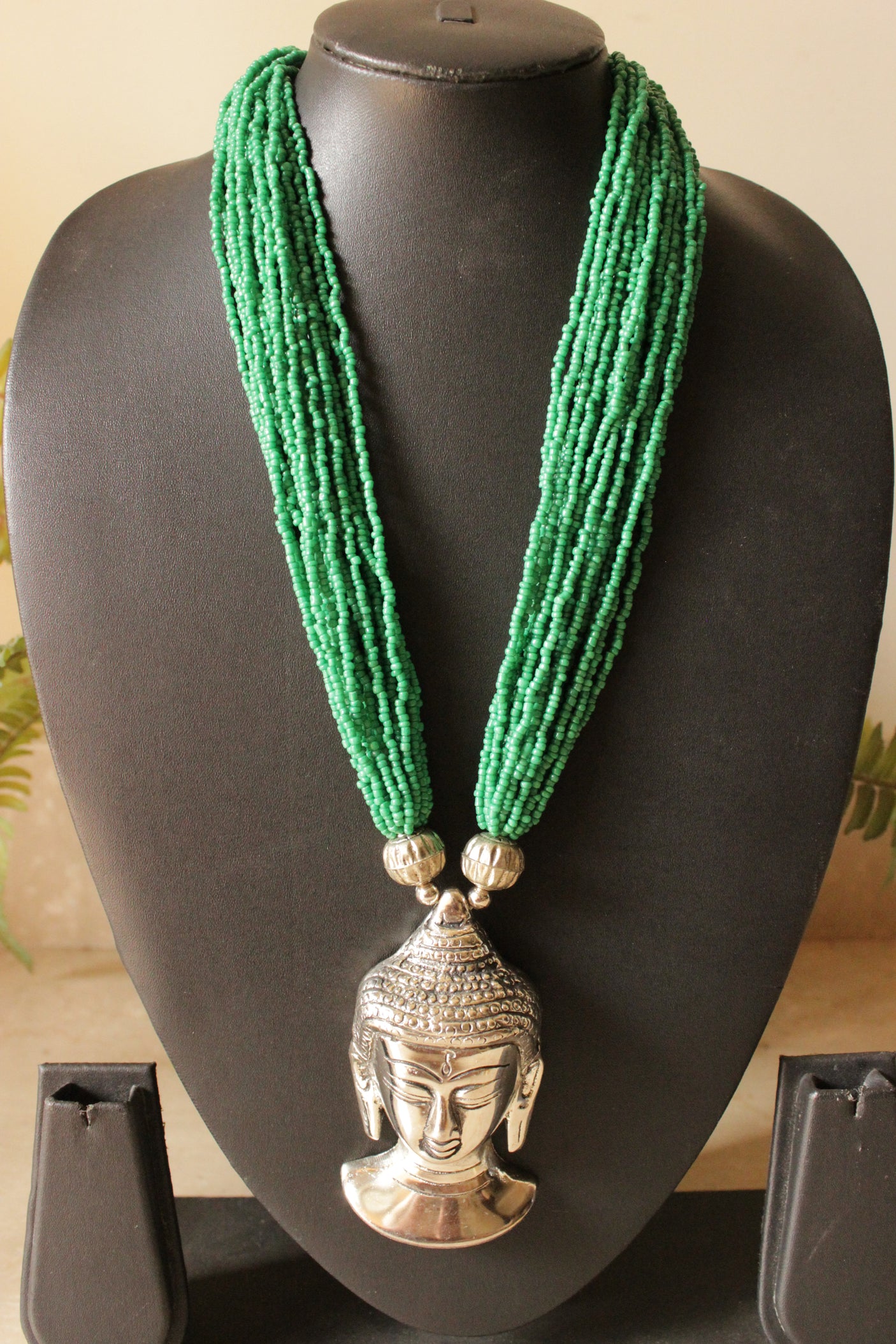 Sea Green Beads Handcrafted Long Buddha Pendant Necklace