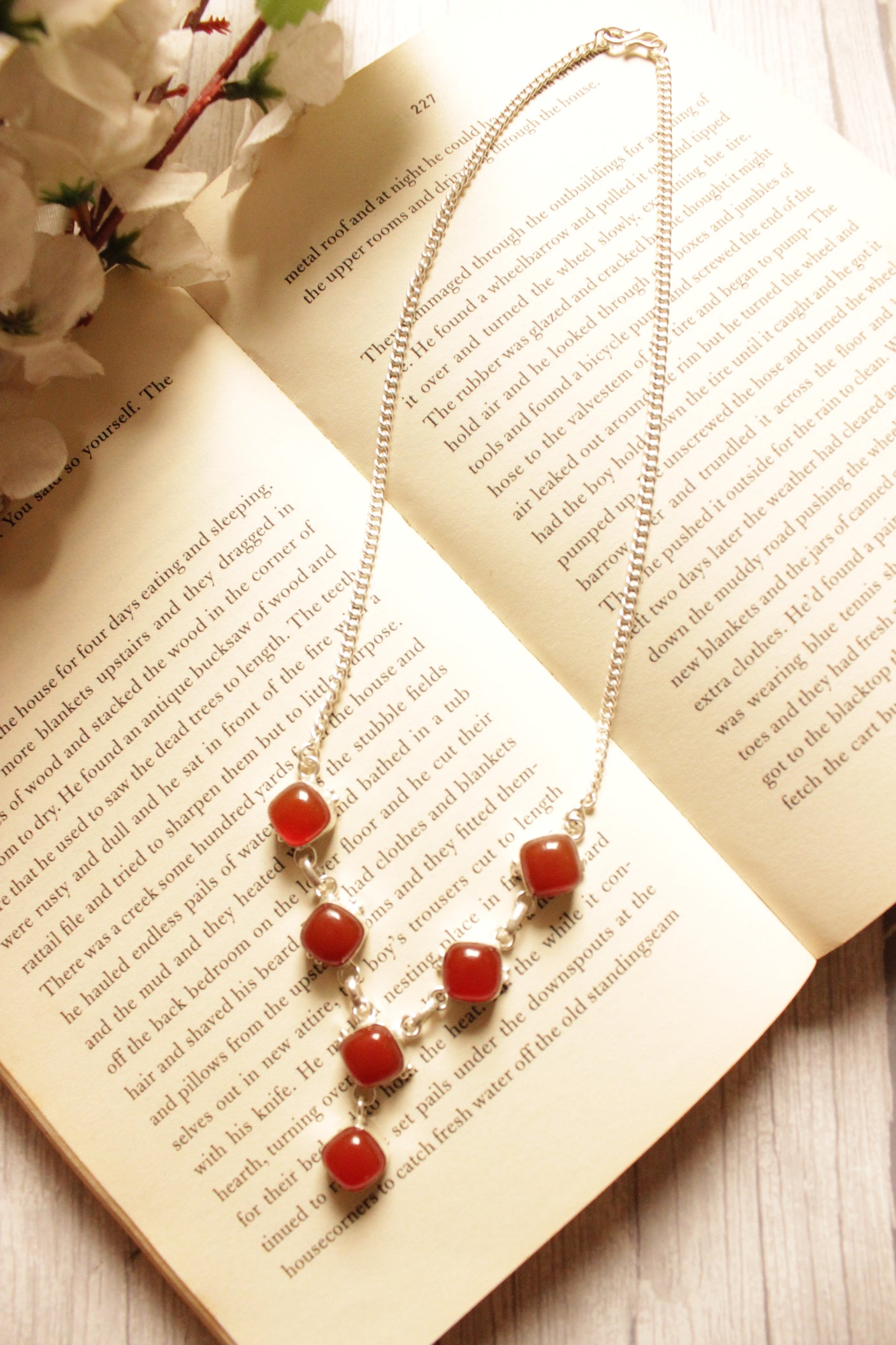 August Birthstone Carnelian Gemstone Silver Finish Necklace