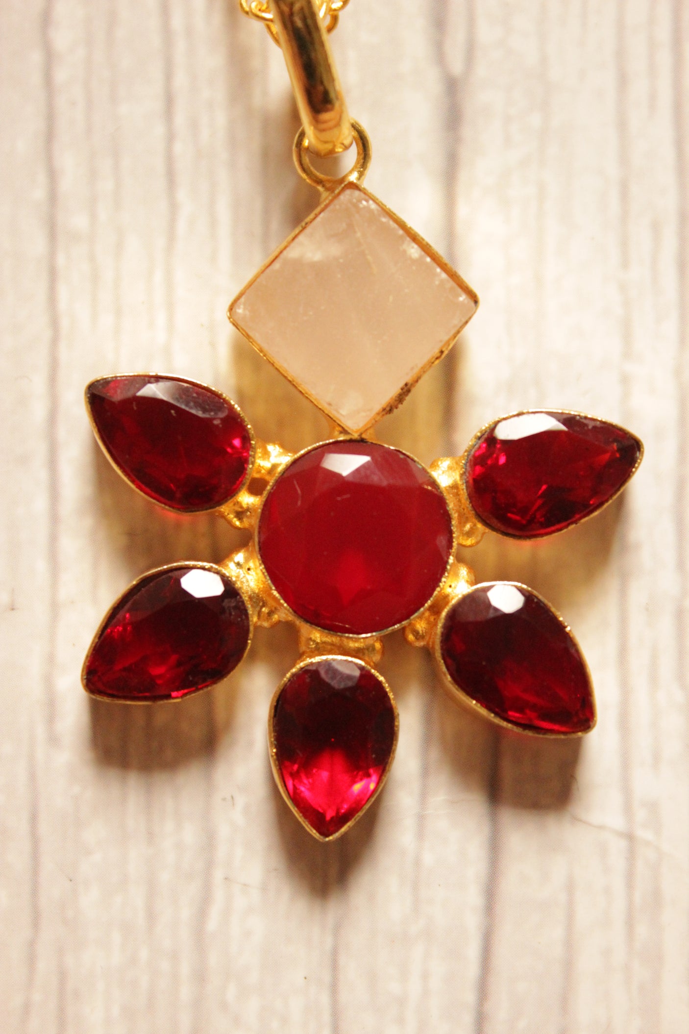 Sunflower Red Garnet Quartz Gemstone Gold Plated Brass Necklace