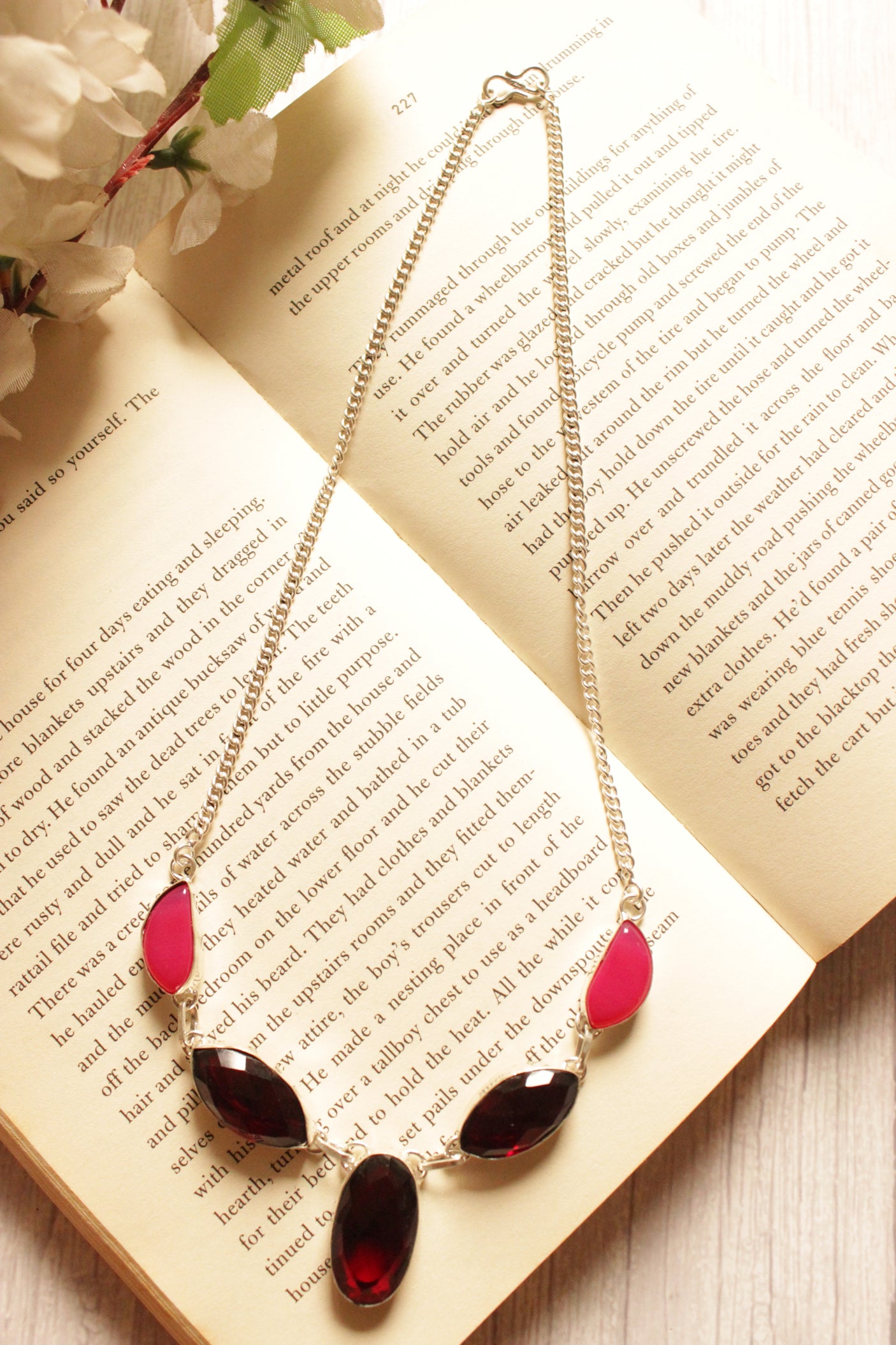 Garnet Quartz Pink Botswana Agate Gemstone Silver Plated Brass Necklace