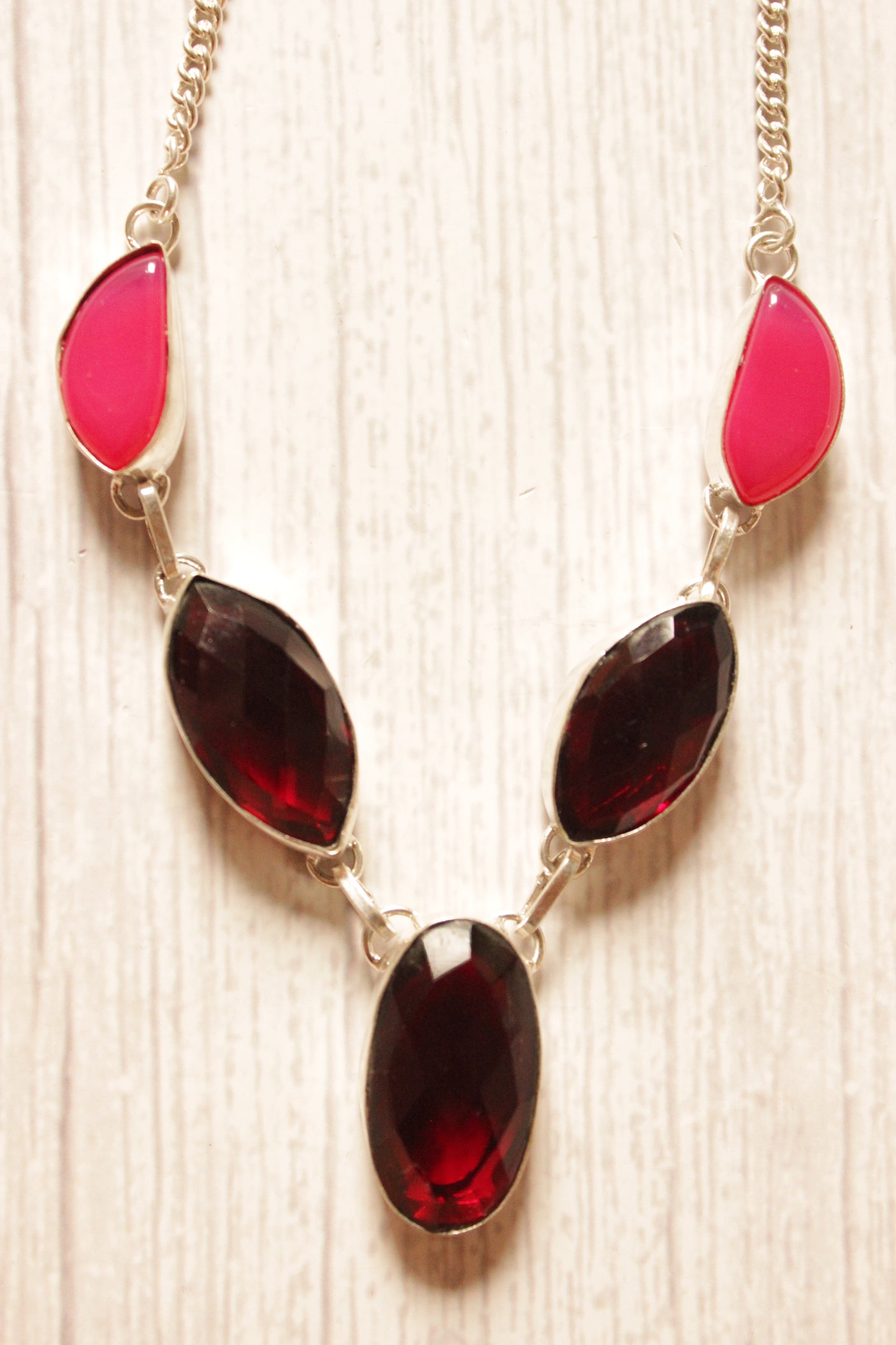 Garnet Quartz Pink Botswana Agate Gemstone Silver Plated Brass Necklace