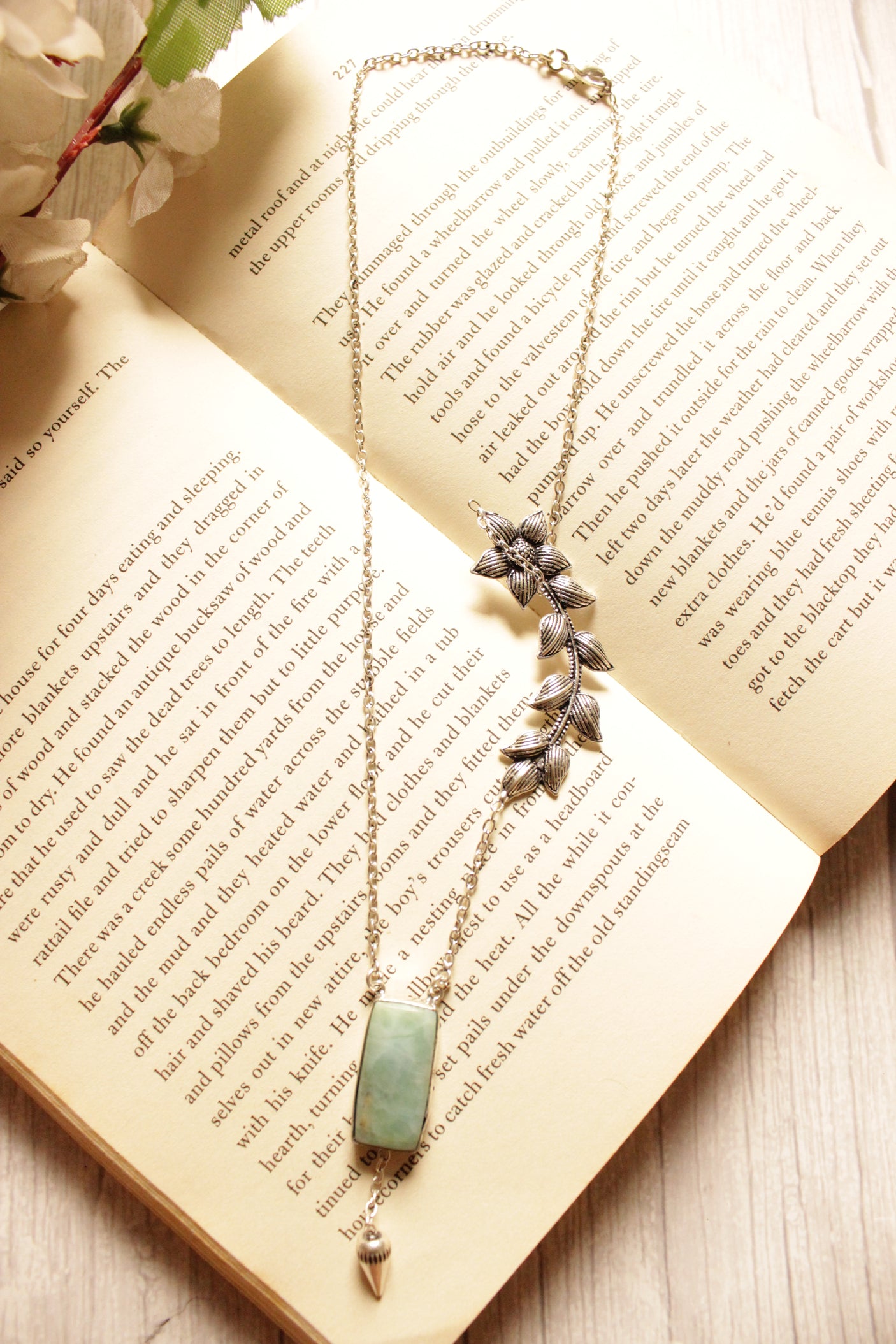 Natural Larimar Leaf Look Gemstone Embedded Silver Finish Brass Necklace
