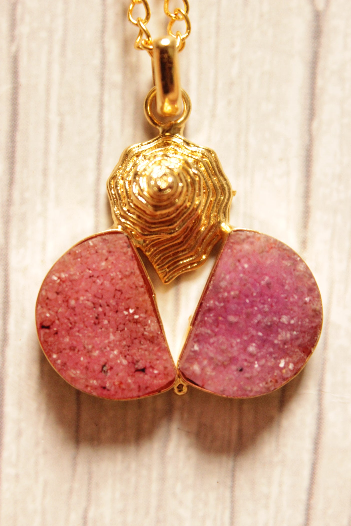 Fuchsia Sugar Druzy Natural Gemstone Embedded Gold Plated Brass Necklace