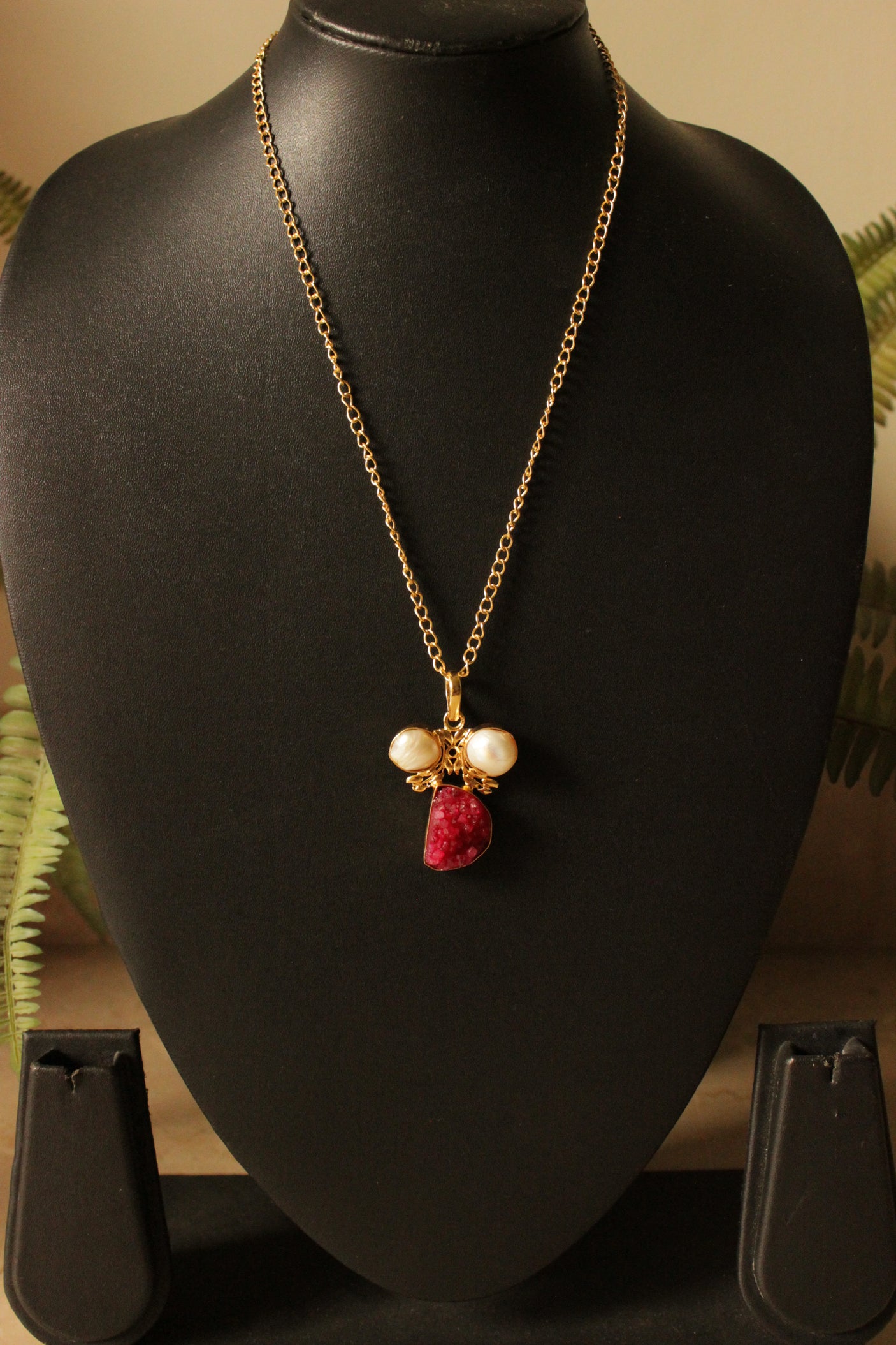 Deep Pink Sugar Druzy Pearl Gemstone Gold Plated Brass Chain Necklace