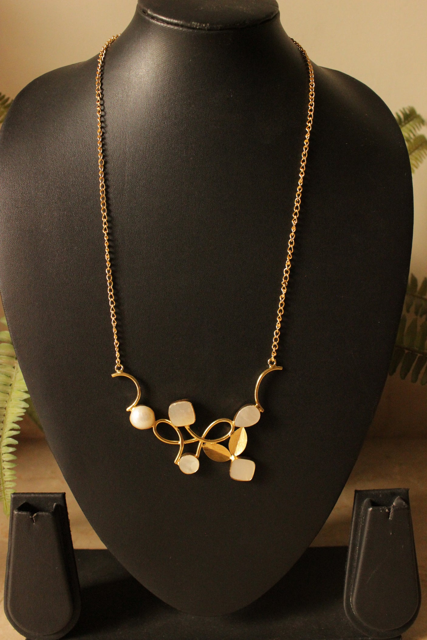 MOP Pearl Gemstone Embedded Gold Plated Brass Necklace