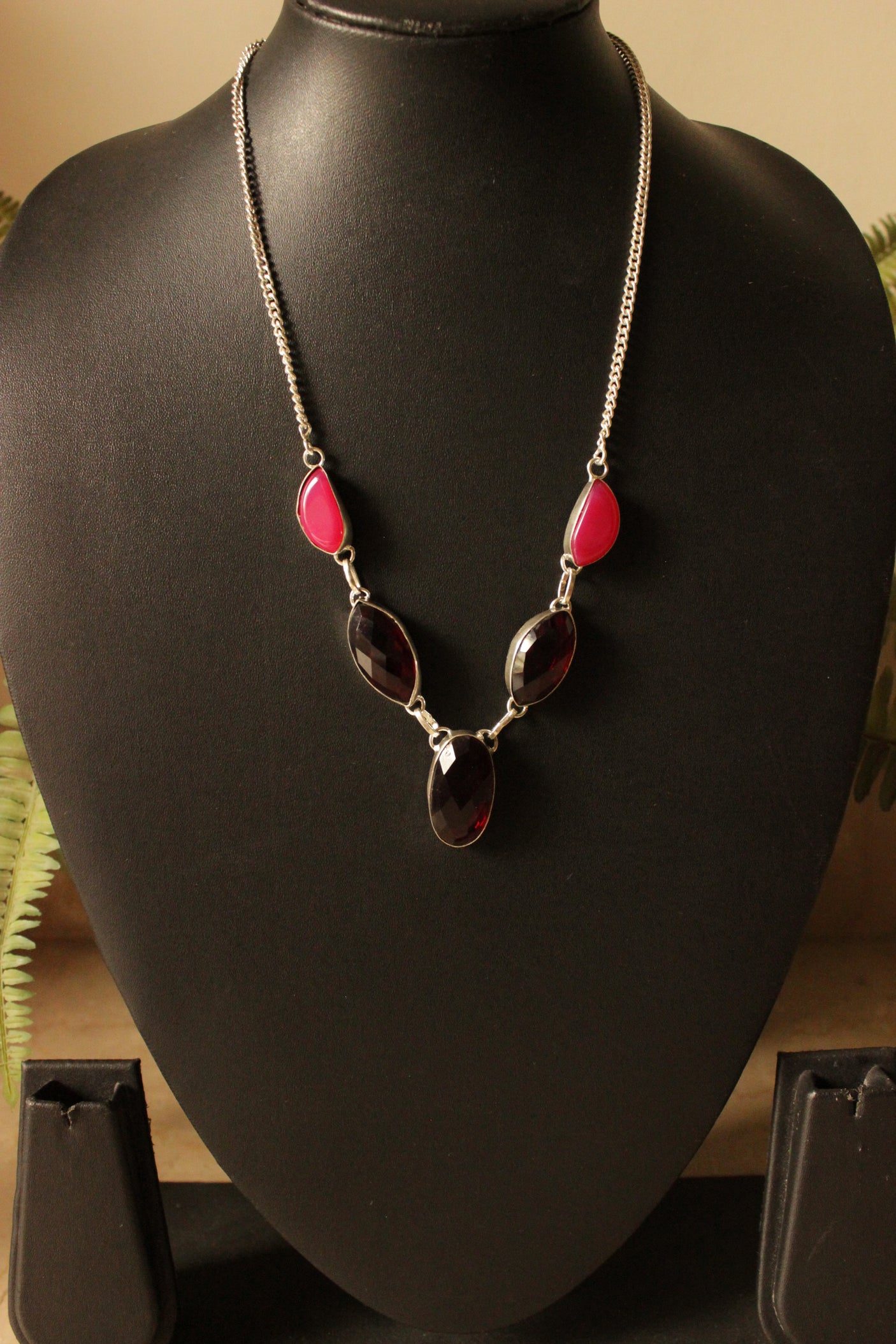 Garnet Quartz Pink Botswana Agate Gemstone Silver Plated Brass Necklace