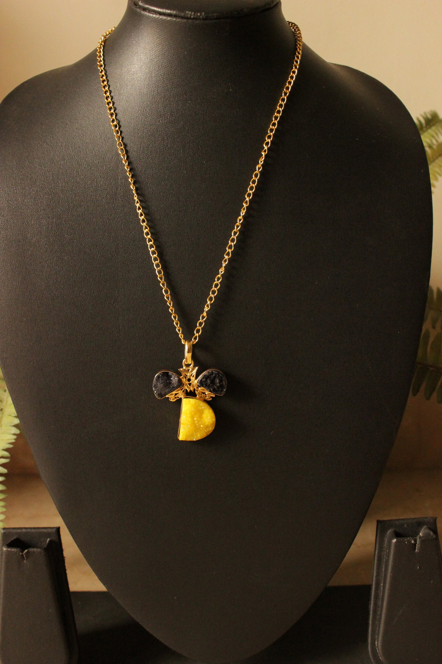 Yellow Sugar Druzy Gemstone Handmade Gold Plated Brass Necklace