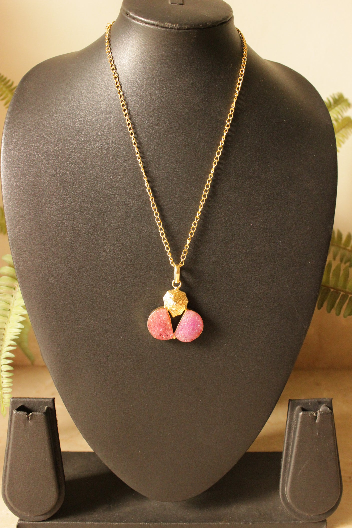 Fuchsia Sugar Druzy Natural Gemstone Embedded Gold Plated Brass Necklace