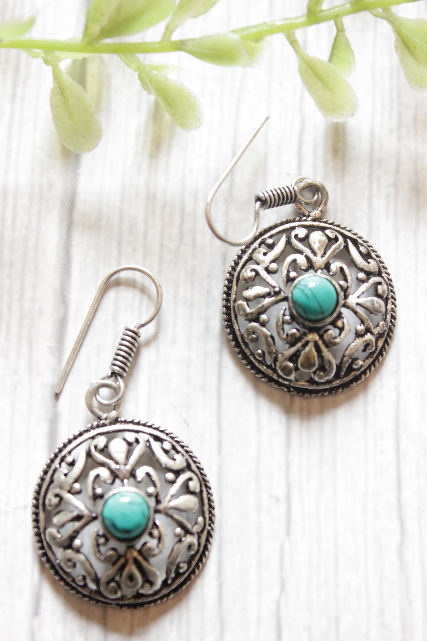 Green Onyx Stone Embedded Oxidised Finish Mesh Brass Earrings