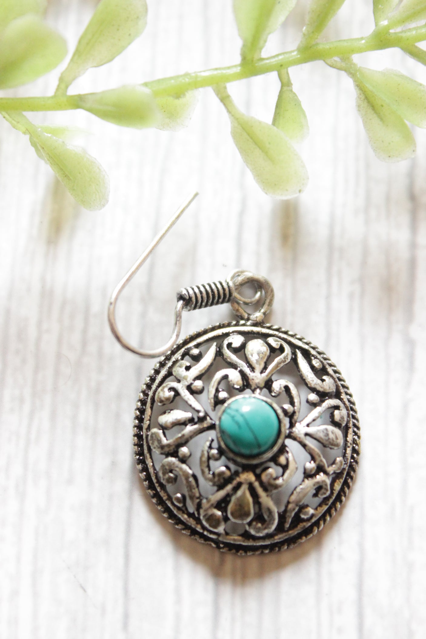 Green Onyx Stone Embedded Oxidised Finish Mesh Brass Earrings