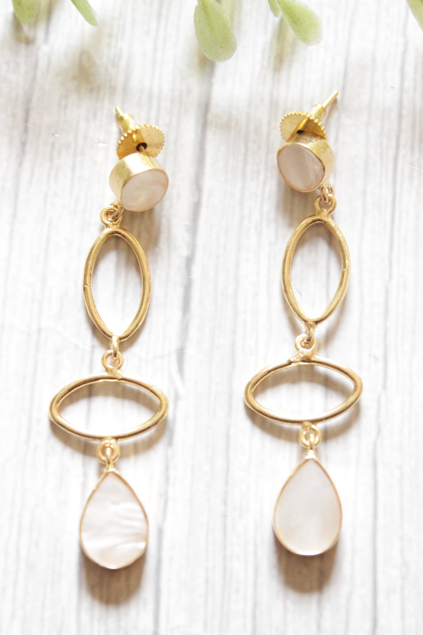 Natural Moonstone Gemstone Embedded Gold Finish Brass Dangler Earrings