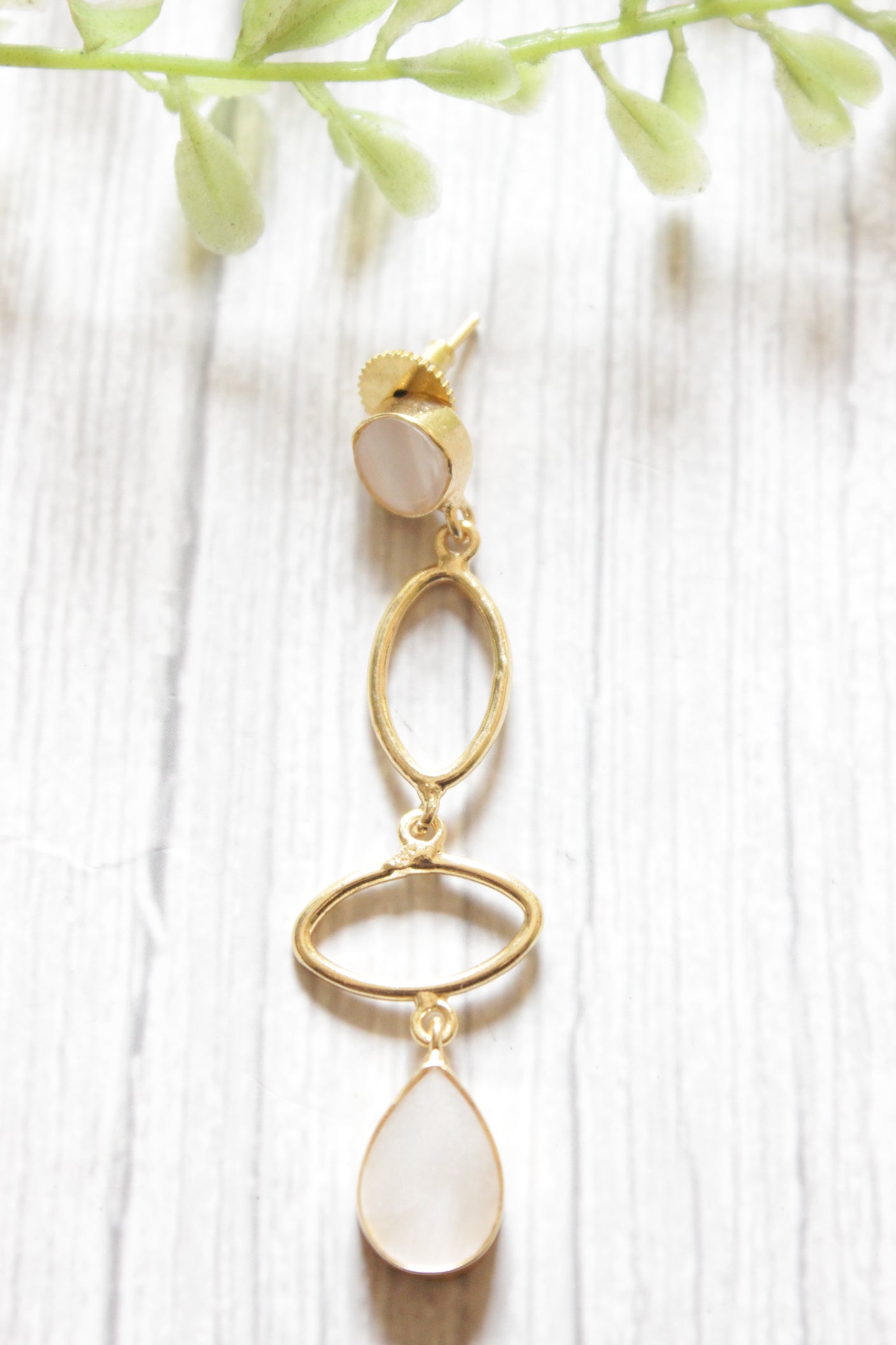 Natural Moonstone Gemstone Embedded Gold Finish Brass Dangler Earrings