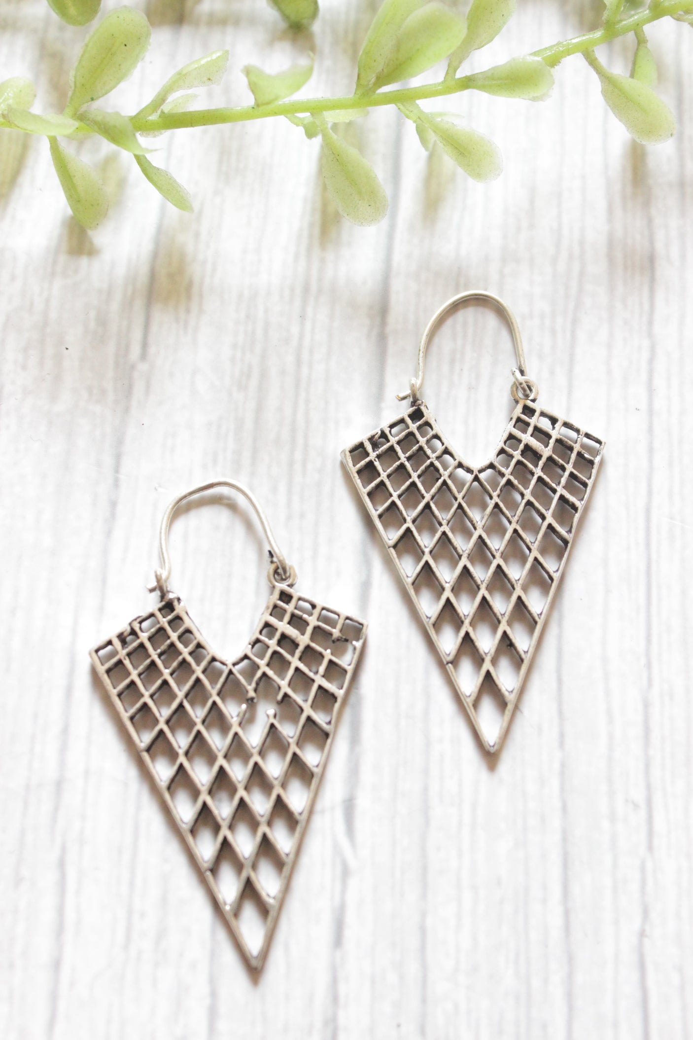 Oxidised Finish Triangular Mesh Brass Earrings