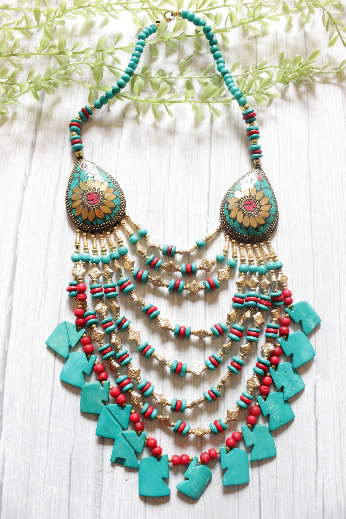 Turquoise & Red Bone Beads Handcrafted Multi-Layer African and Tibetan Tribal Necklace
