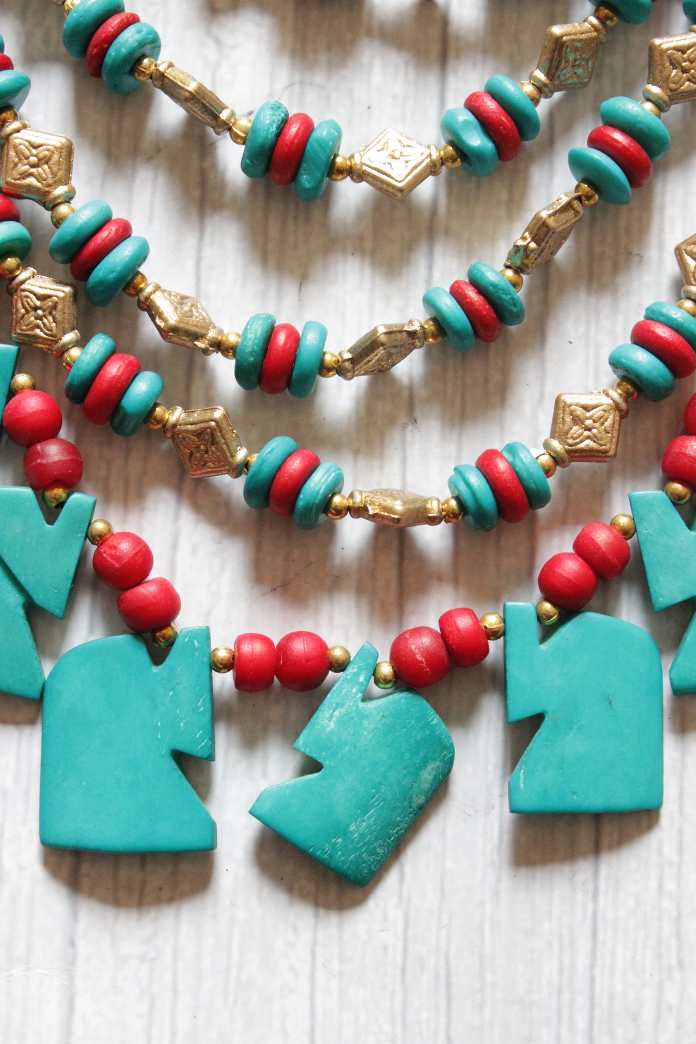 Turquoise & Red Bone Beads Handcrafted Multi-Layer African and Tibetan Tribal Necklace