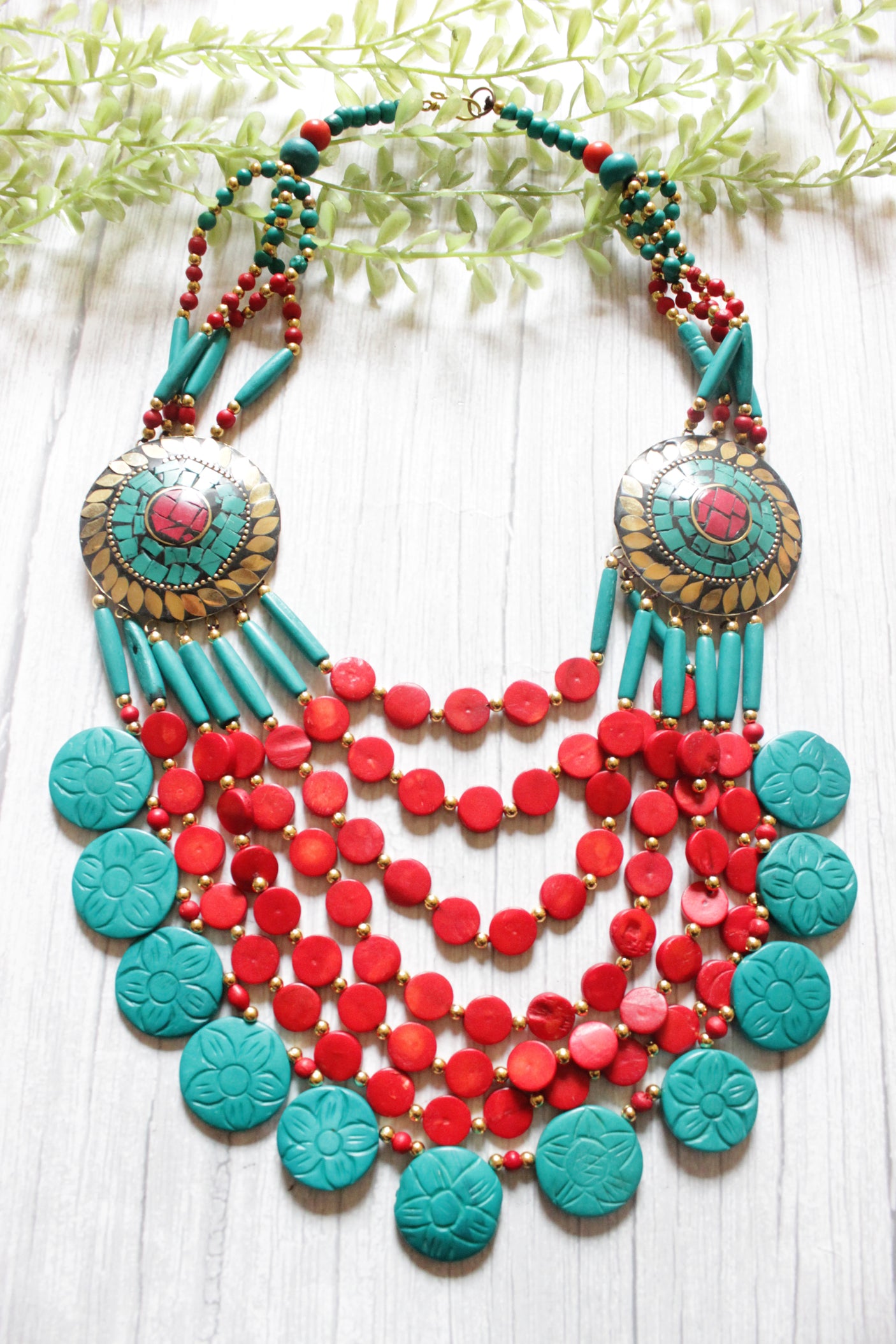 Red & Turquoise Bone Beads Handcrafted Multi-Layer African and Tibetan Tribal Necklace
