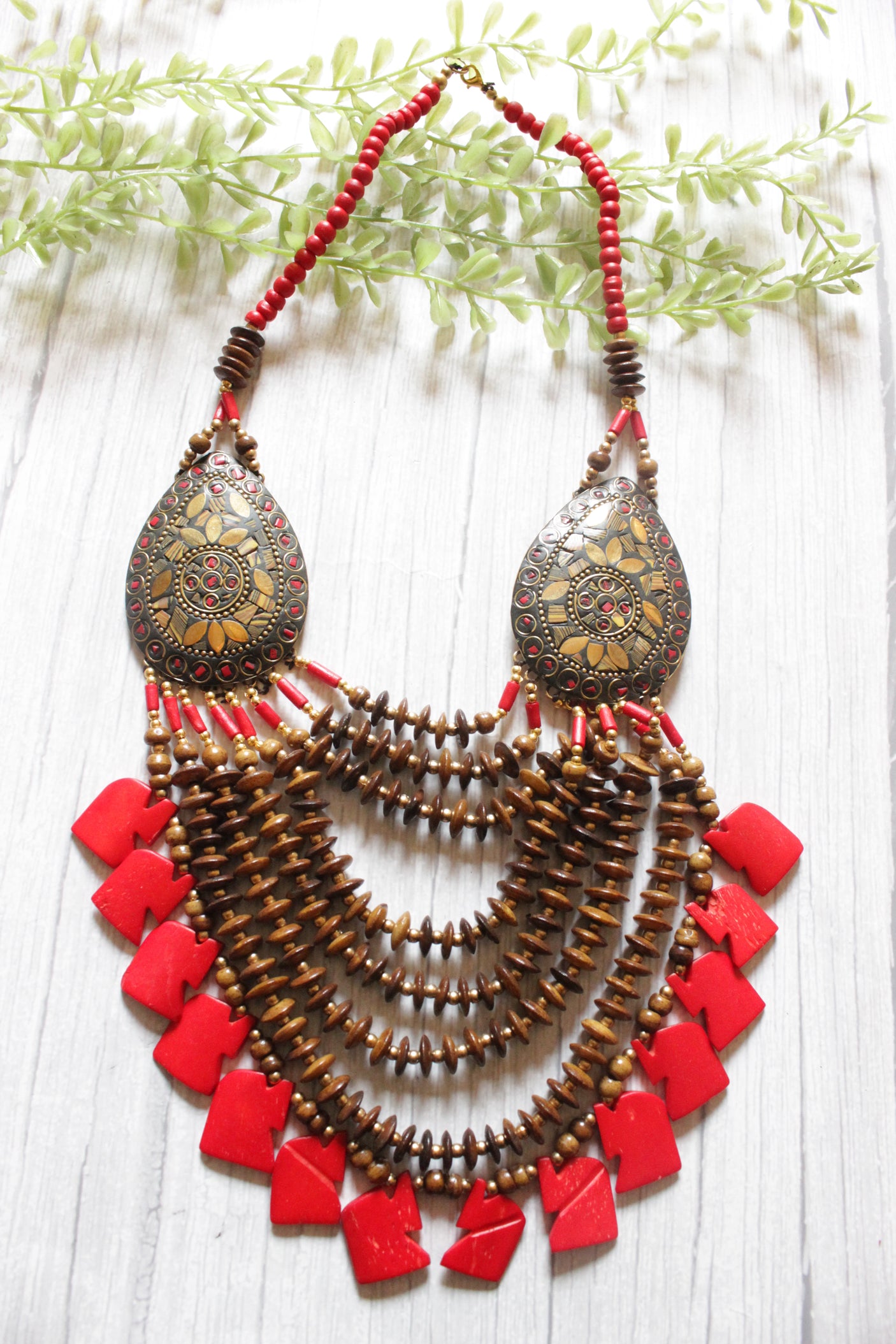 Brown & Red Elephant Charms Bone Beads Handcrafted Multi-Layer African and Tibetan Tribal Necklace