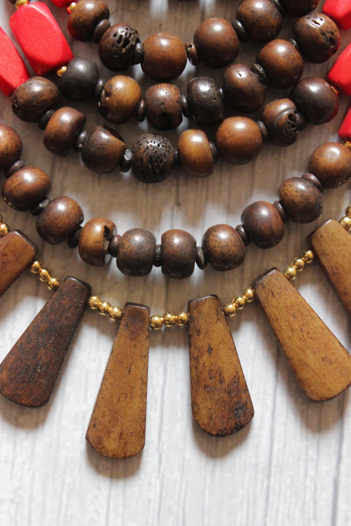 Wooden Brown & Red Flower Embossed Circular Charms Bone Beads Handcrafted Multi-Layer African and Tibetan Tribal Necklace
