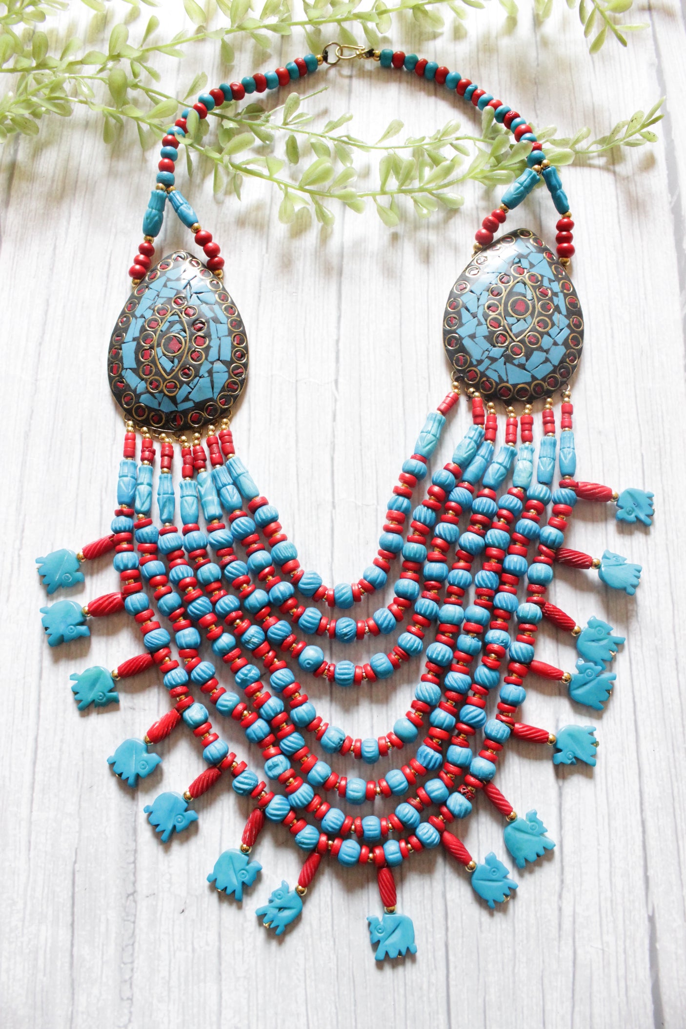 Blue & Red Elephant Charms Bone Beads Handcrafted Multi-Layer African and Tibetan Tribal Necklace