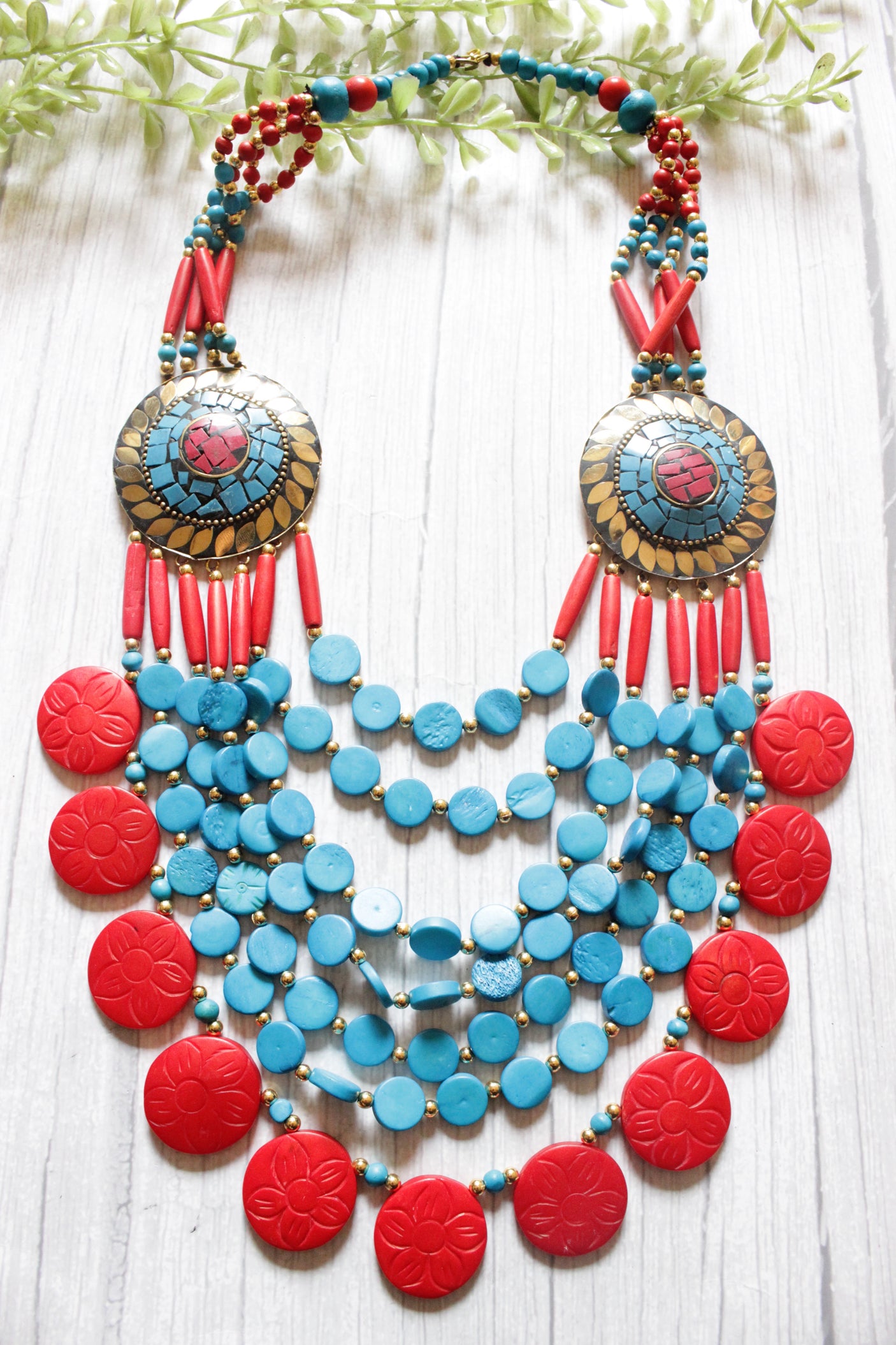 Blue & Red Flower Embossed Circular Charms Bone Beads Handcrafted Multi-Layer African and Tibetan Tribal Necklace