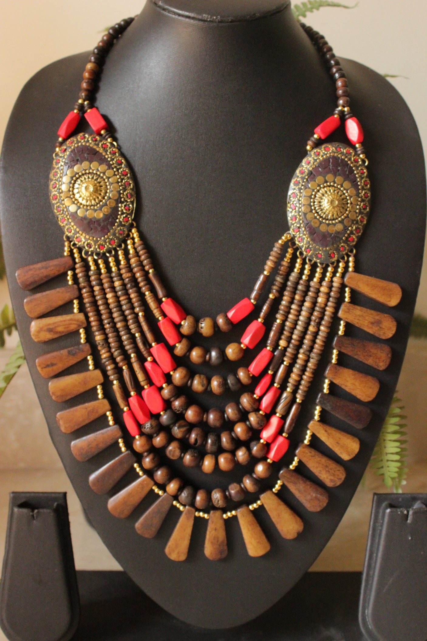 Wooden Brown & Red Flower Embossed Circular Charms Bone Beads Handcrafted Multi-Layer African and Tibetan Tribal Necklace