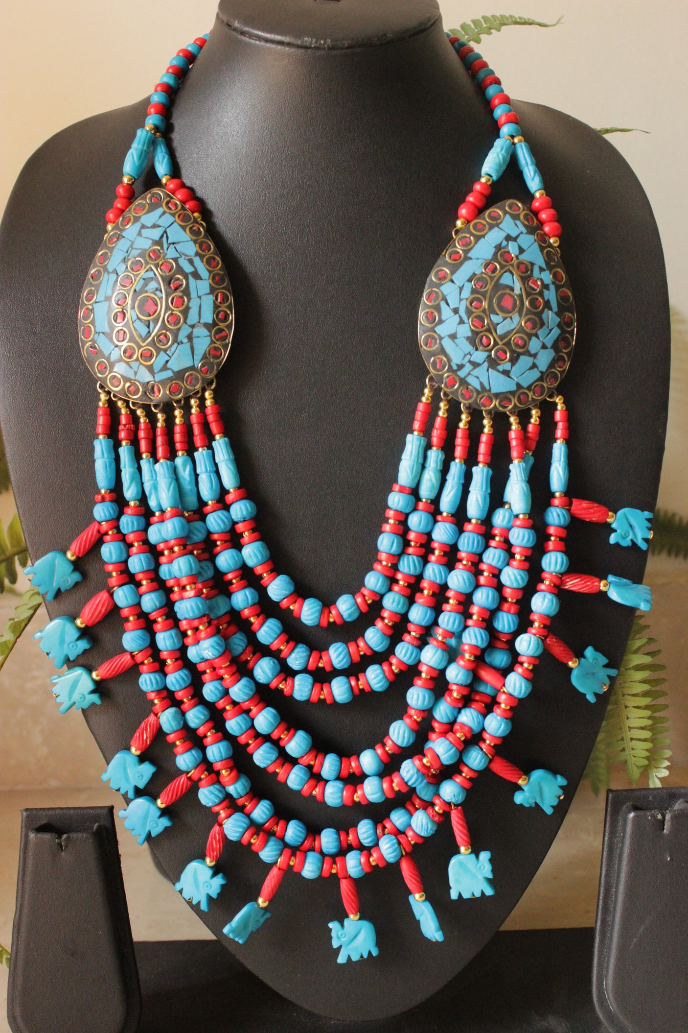 Blue & Red Elephant Charms Bone Beads Handcrafted Multi-Layer African and Tibetan Tribal Necklace