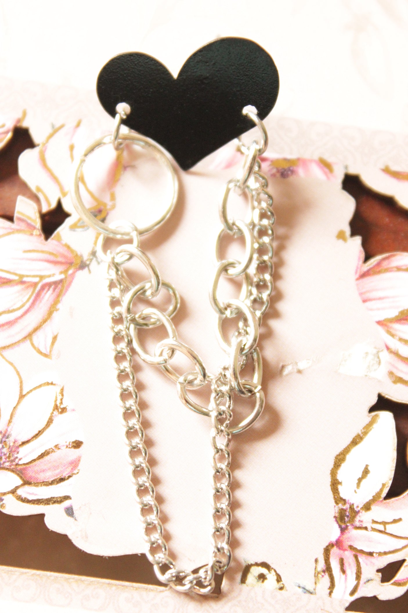 Black Heart 2 Layer Chain Strings Earrings