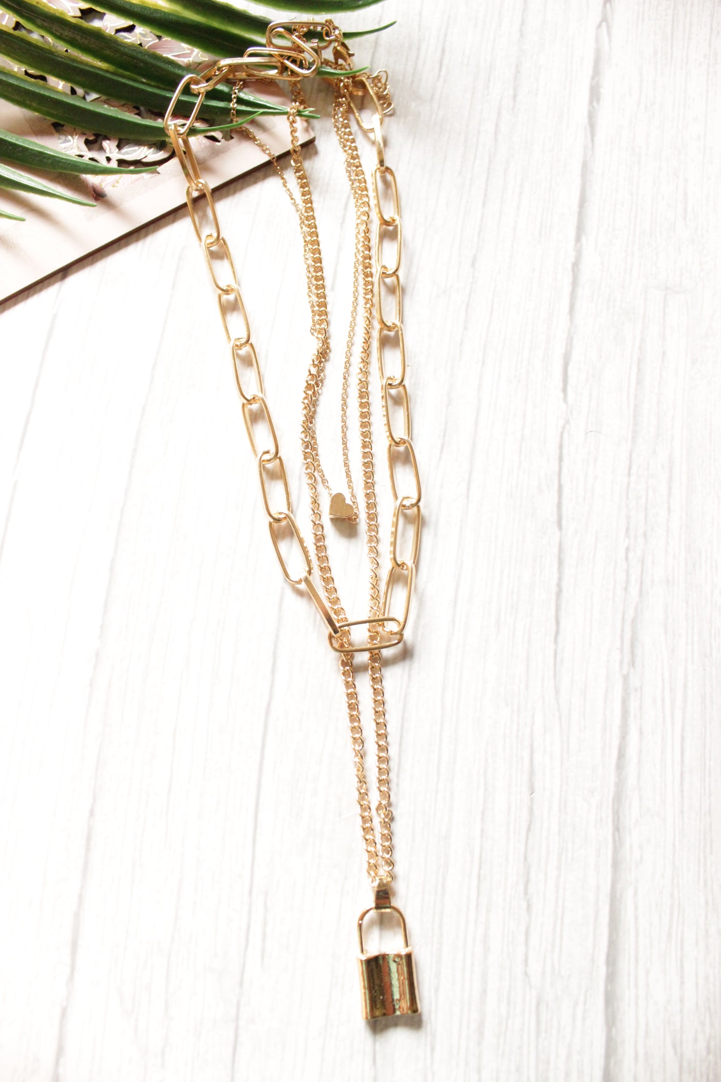 3 Layer Gold Toned Lock Chain Necklace