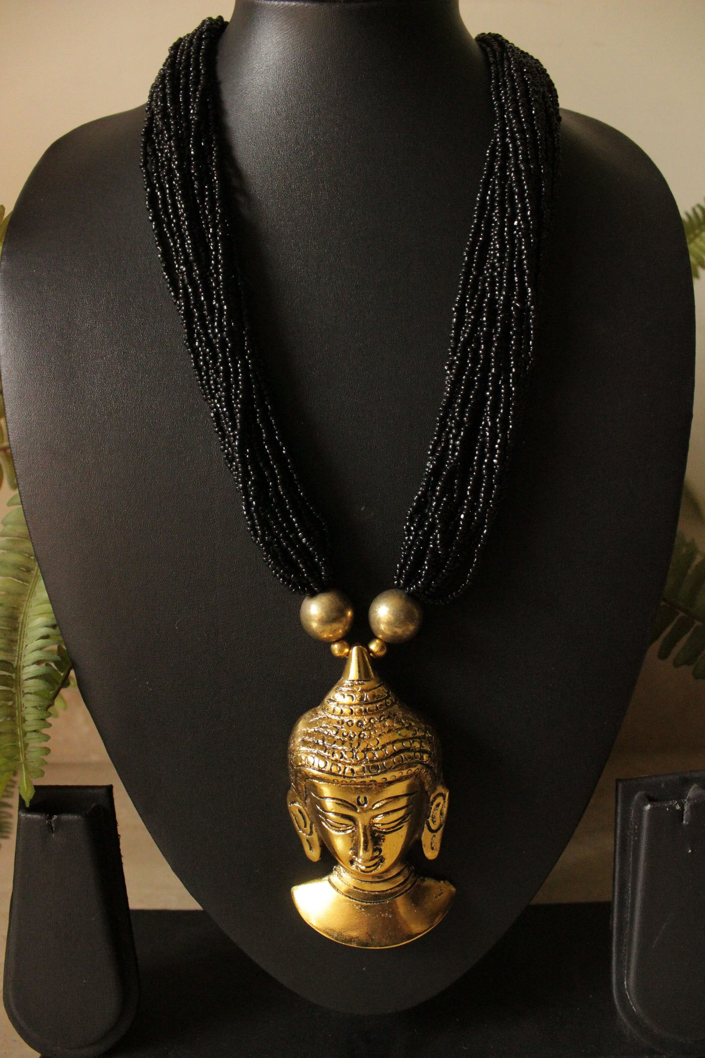 Black Beads Handcrafted Long Buddha Pendant Necklace