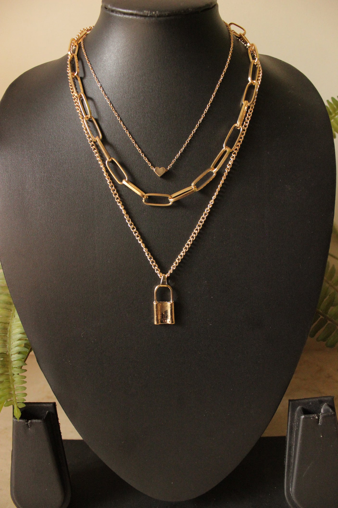 3 Layer Gold Toned Lock Chain Necklace